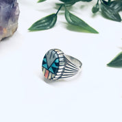 Southwestern Silver Ring with Inlaid Stones, Silver Turquoise Ring, Mother of Pearl Jewelry, Vintage Turquoise Jewelry, Signed Silver Ring