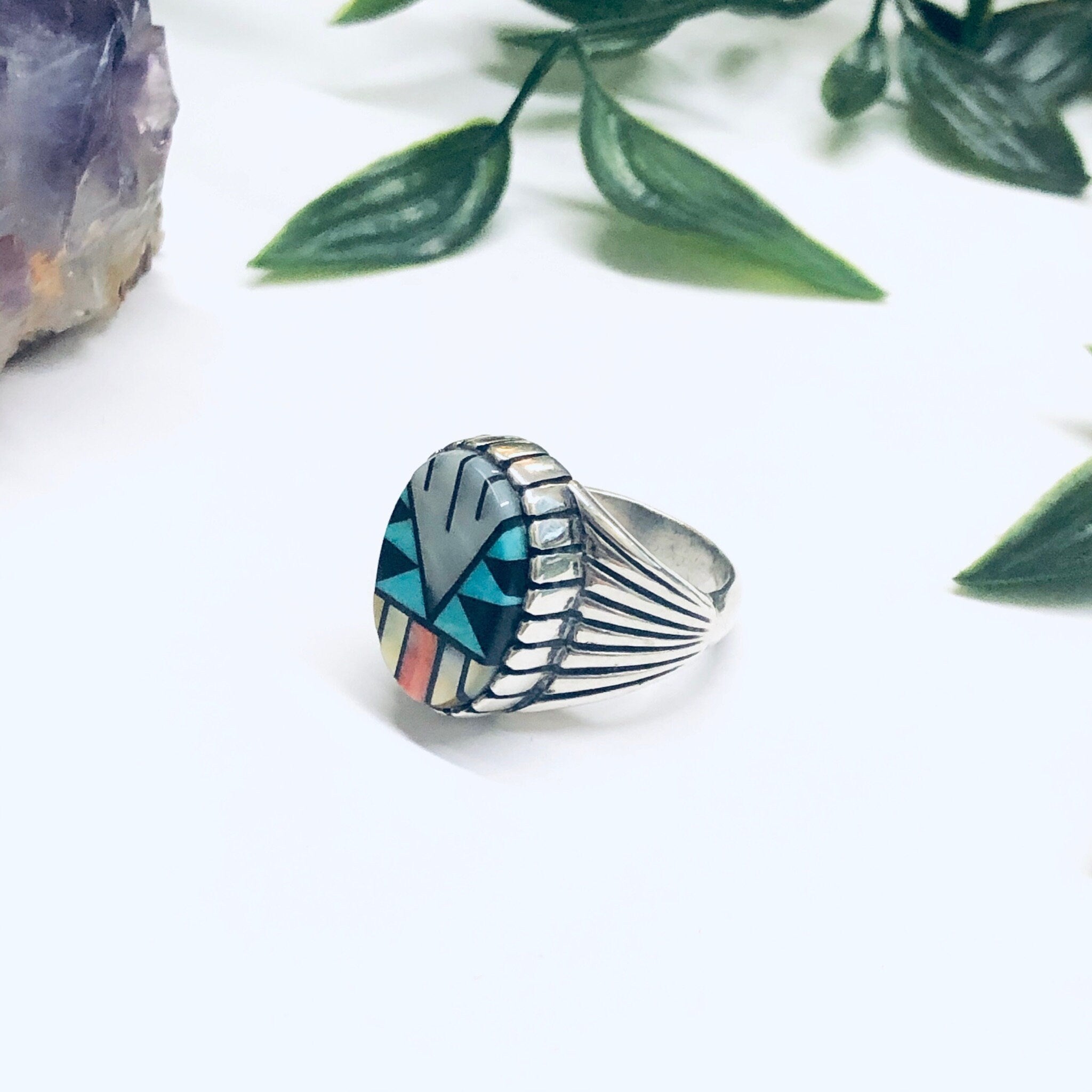 Southwestern Silver Ring with Inlaid Stones, Silver Turquoise Ring, Mother of Pearl Jewelry, Vintage Turquoise Jewelry, Signed Silver Ring