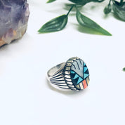 Southwestern Silver Ring with Inlaid Stones, Silver Turquoise Ring, Mother of Pearl Jewelry, Vintage Turquoise Jewelry, Signed Silver Ring