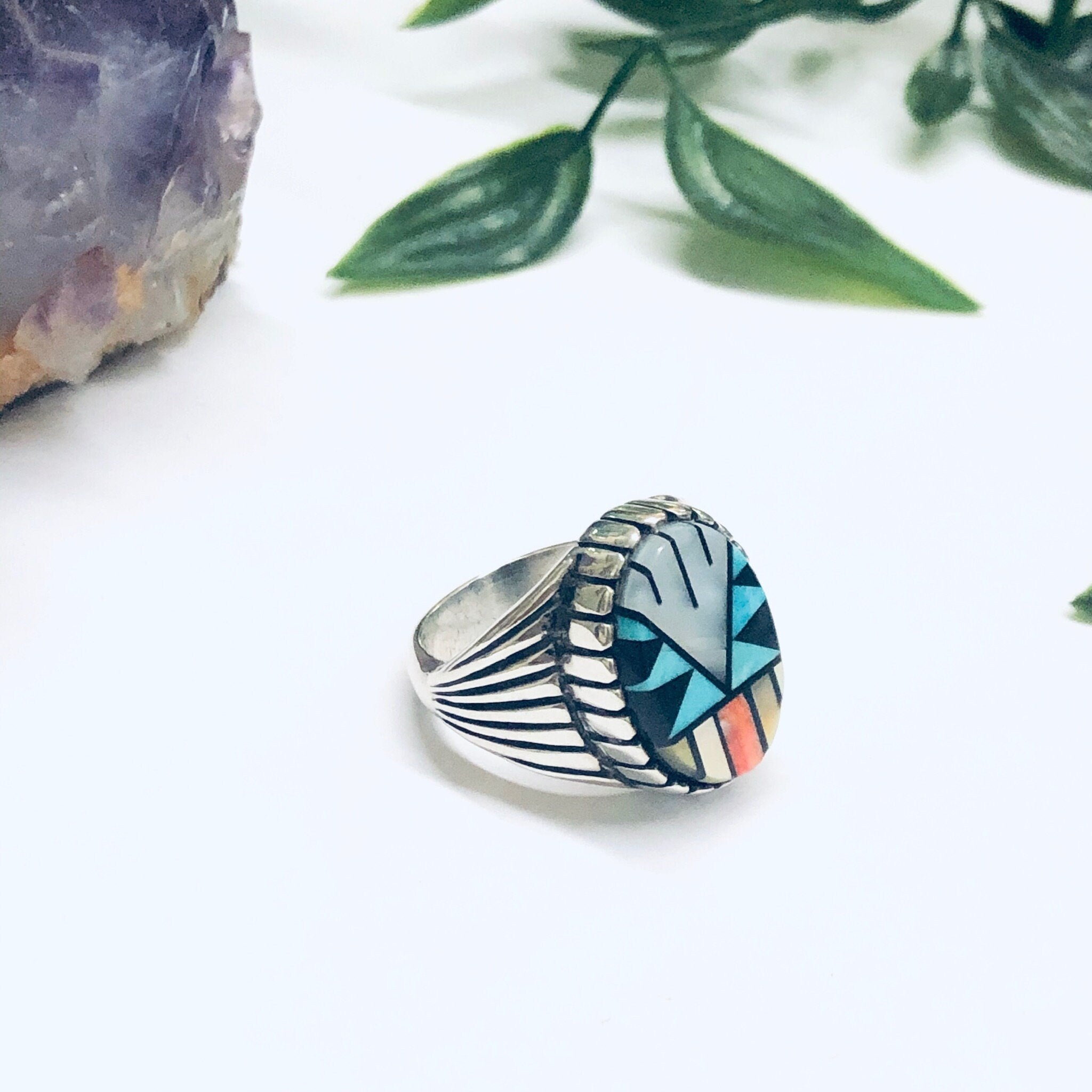 Southwestern Silver Ring with Inlaid Stones, Silver Turquoise Ring, Mother of Pearl Jewelry, Vintage Turquoise Jewelry, Signed Silver Ring