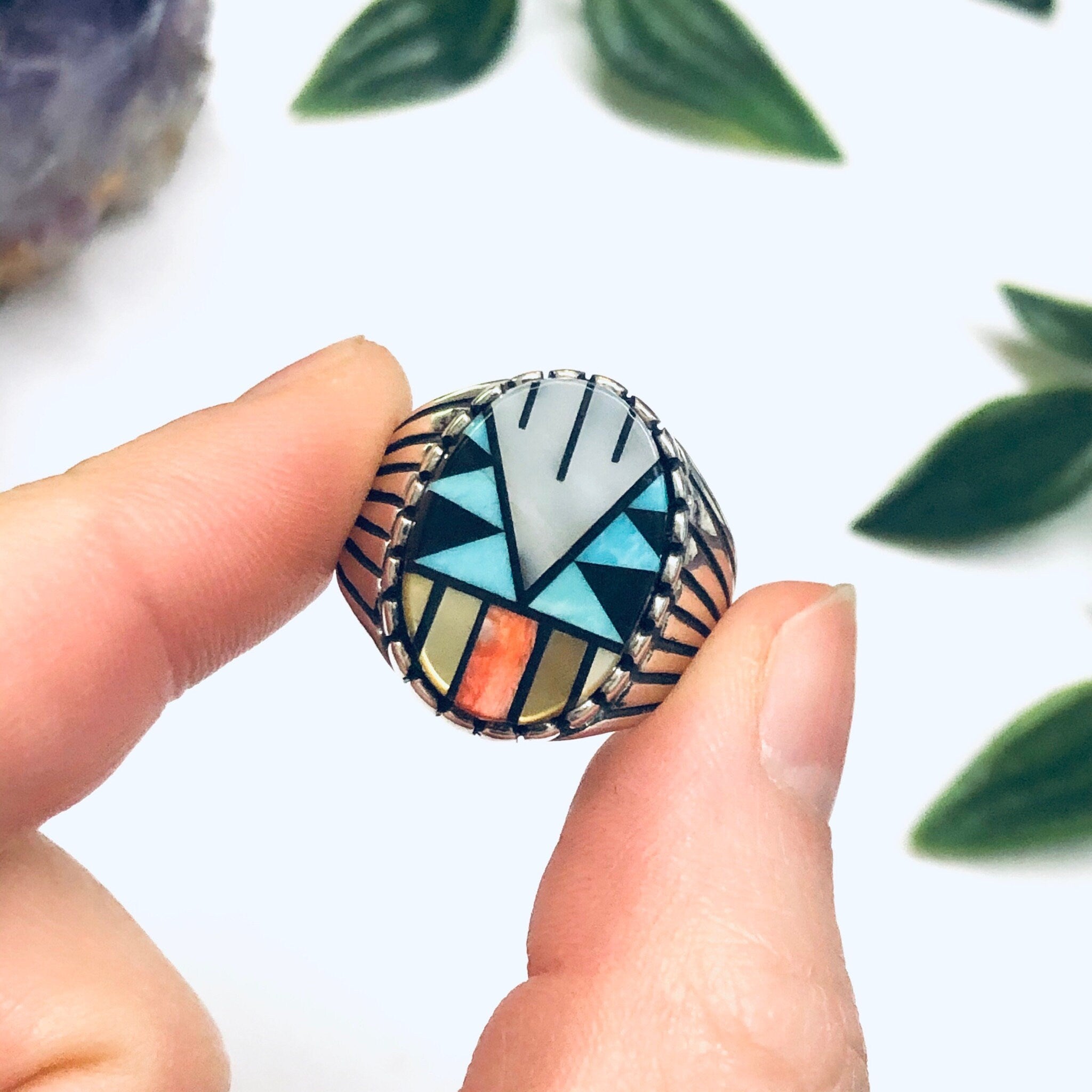 Southwestern Silver Ring with Inlaid Stones, Silver Turquoise Ring, Mother of Pearl Jewelry, Vintage Turquoise Jewelry, Signed Silver Ring