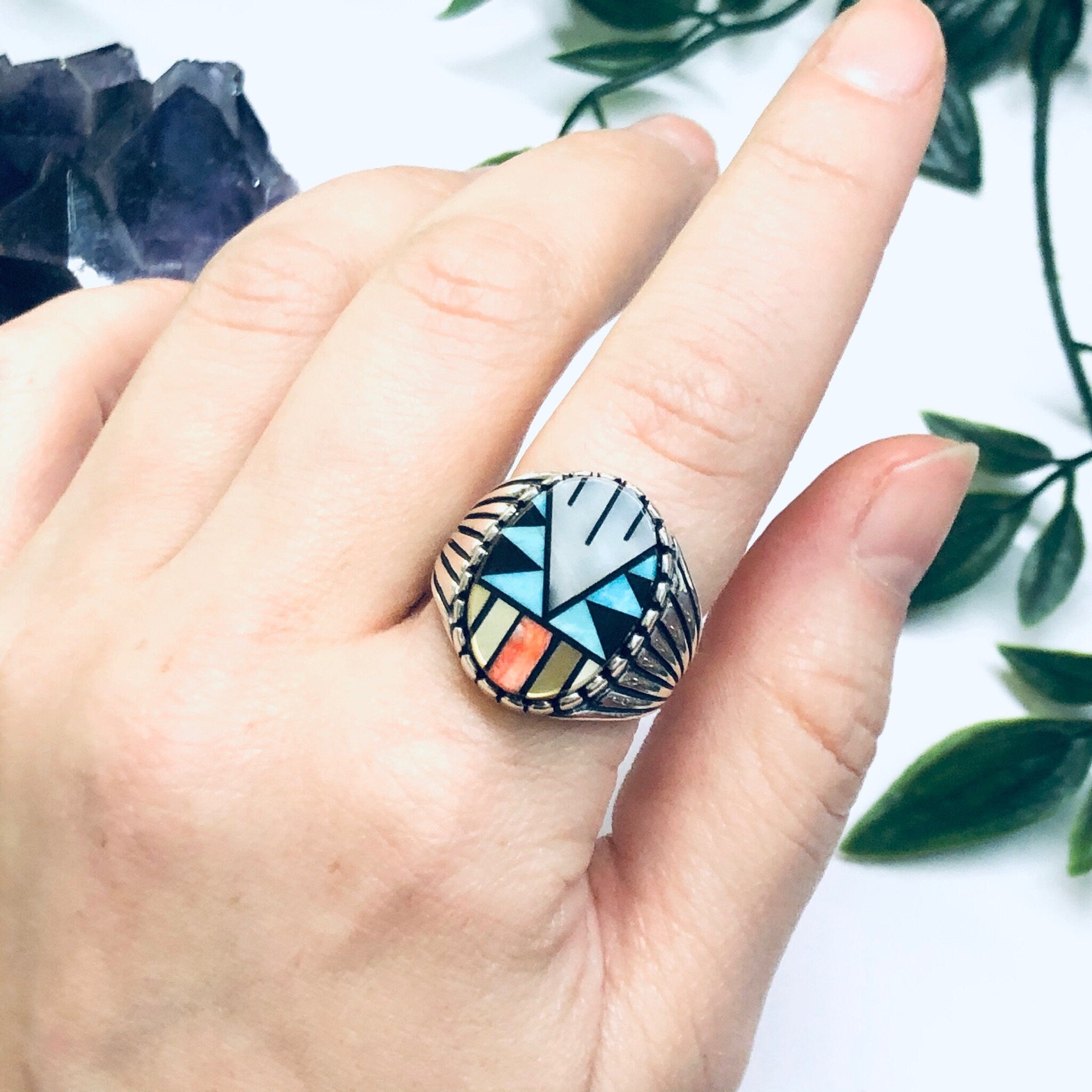 Southwestern Silver Ring with Inlaid Stones, Silver Turquoise Ring, Mother of Pearl Jewelry, Vintage Turquoise Jewelry, Signed Silver Ring
