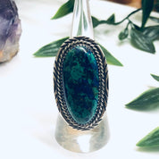 Navajo Signed Billie Eagle Ring, Silver Chrysocolla Ring, Large Statement Ring, Blue and Green Cabochon Stone