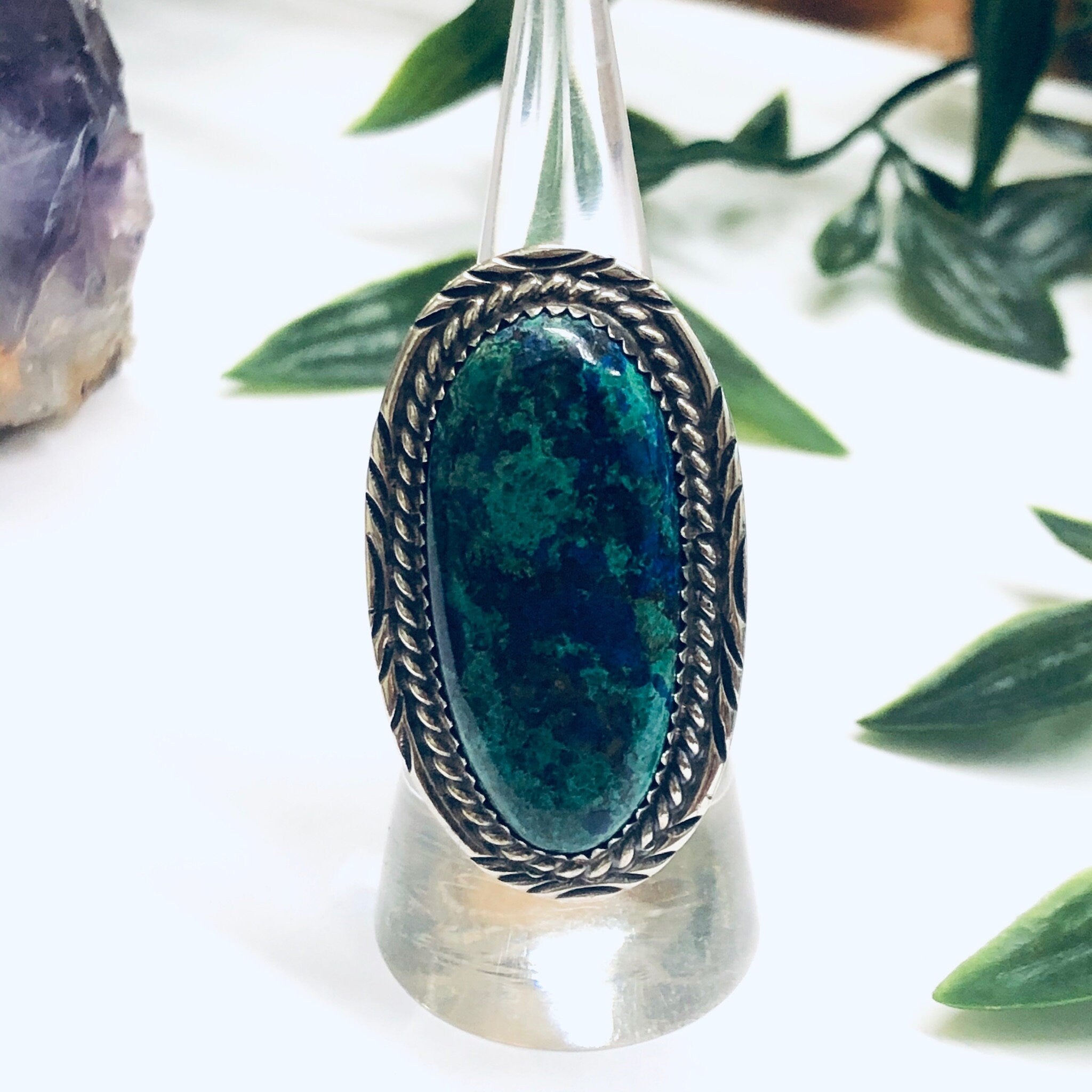Navajo Signed Billie Eagle Ring, Silver Chrysocolla Ring, Large Statement Ring, Blue and Green Cabochon Stone