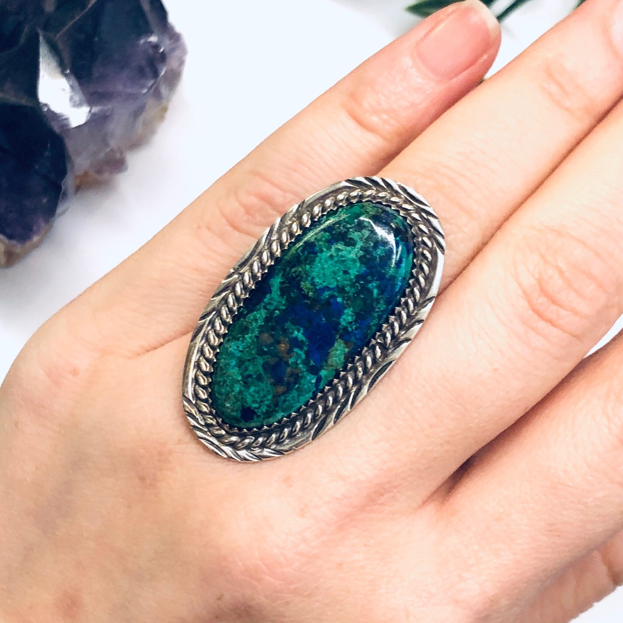 Navajo Signed Billie Eagle Ring, Silver Chrysocolla Ring, Large Statement Ring, Blue and Green Cabochon Stone