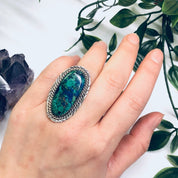 Navajo Signed Billie Eagle Ring, Silver Chrysocolla Ring, Large Statement Ring, Blue and Green Cabochon Stone