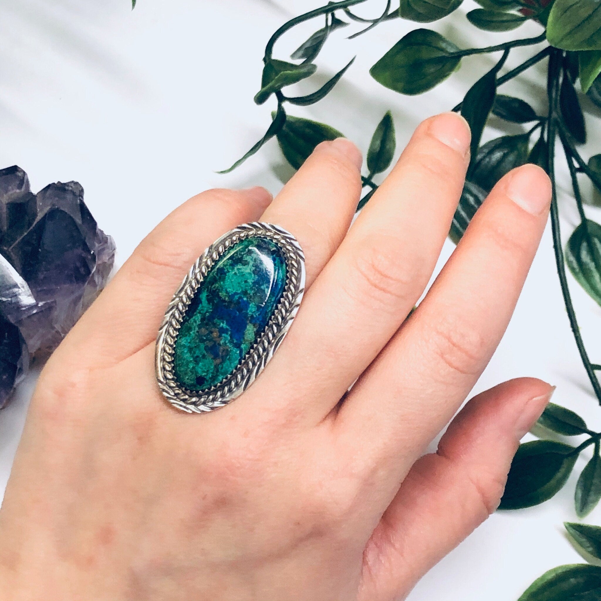 Navajo Signed Billie Eagle Ring, Silver Chrysocolla Ring, Large Statement Ring, Blue and Green Cabochon Stone