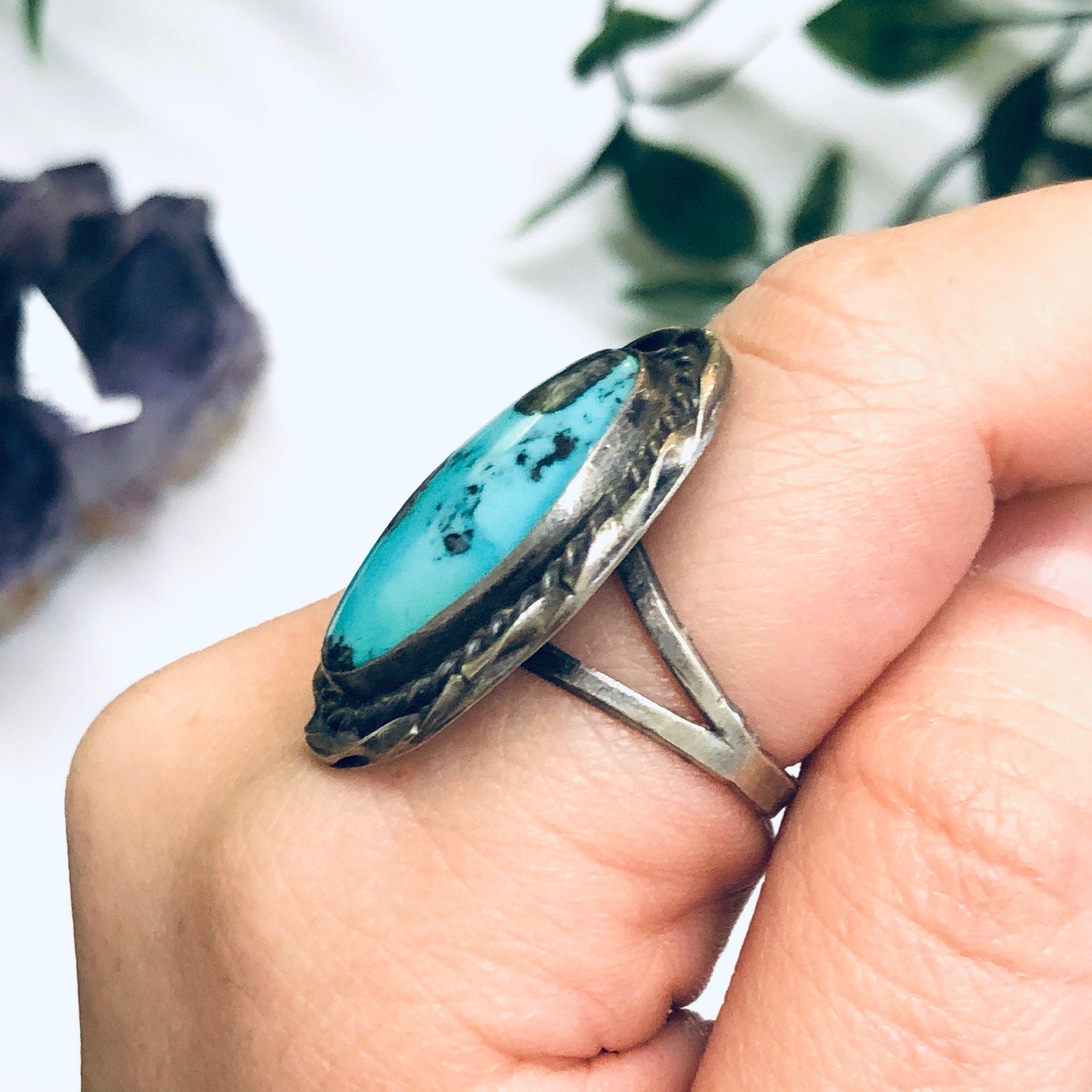 Bisbee Turquoise Ring, Vintage Turquoise Jewelry, Large Bisbee Turquoise, Turquoise Cabochon Ring