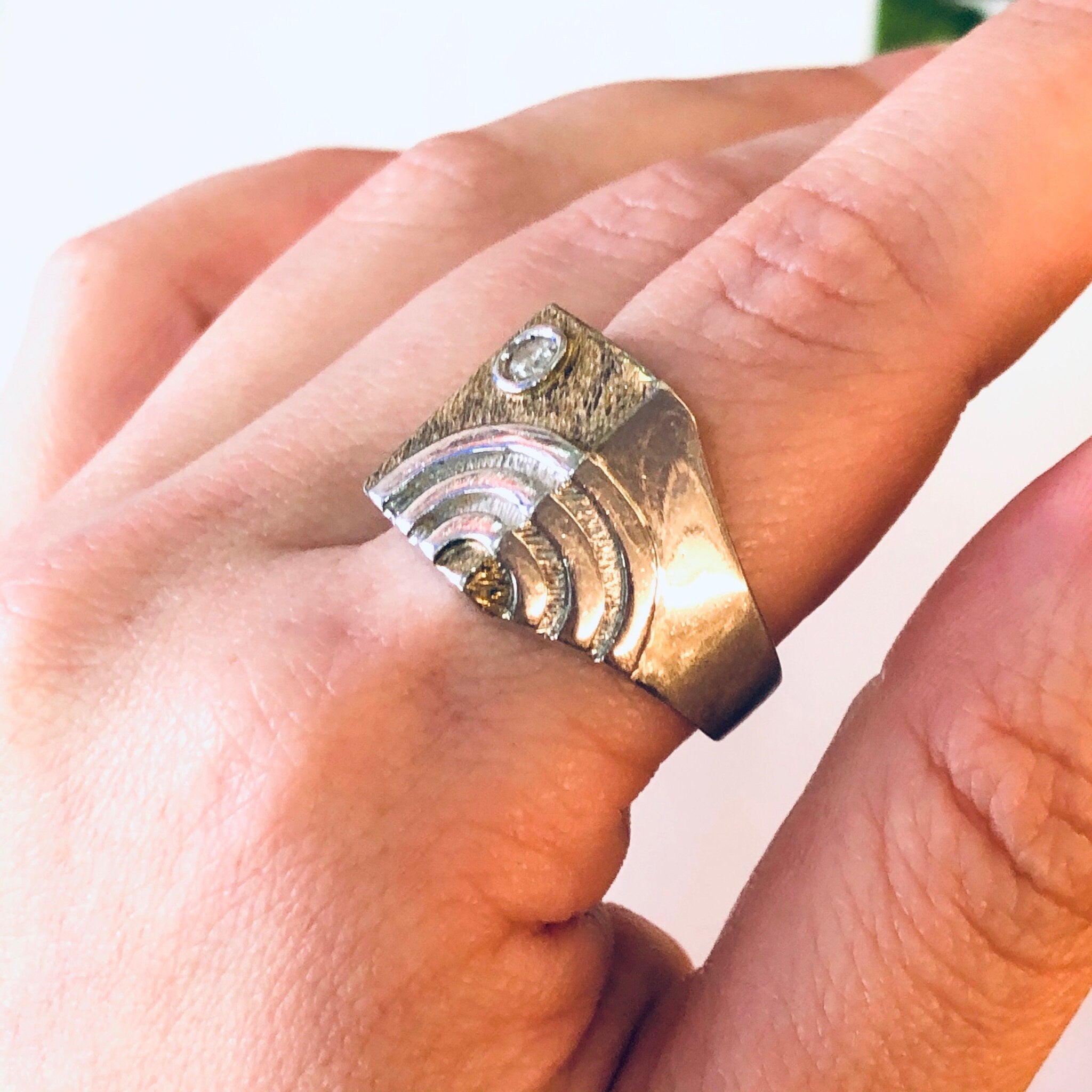 Vintage Ring, Silver Ring, Statement Ring, Unique Jewelry, Vintage Jewelry, Mens Ring, Gold Accent Ring, Textured Silver, Large Ring, 925