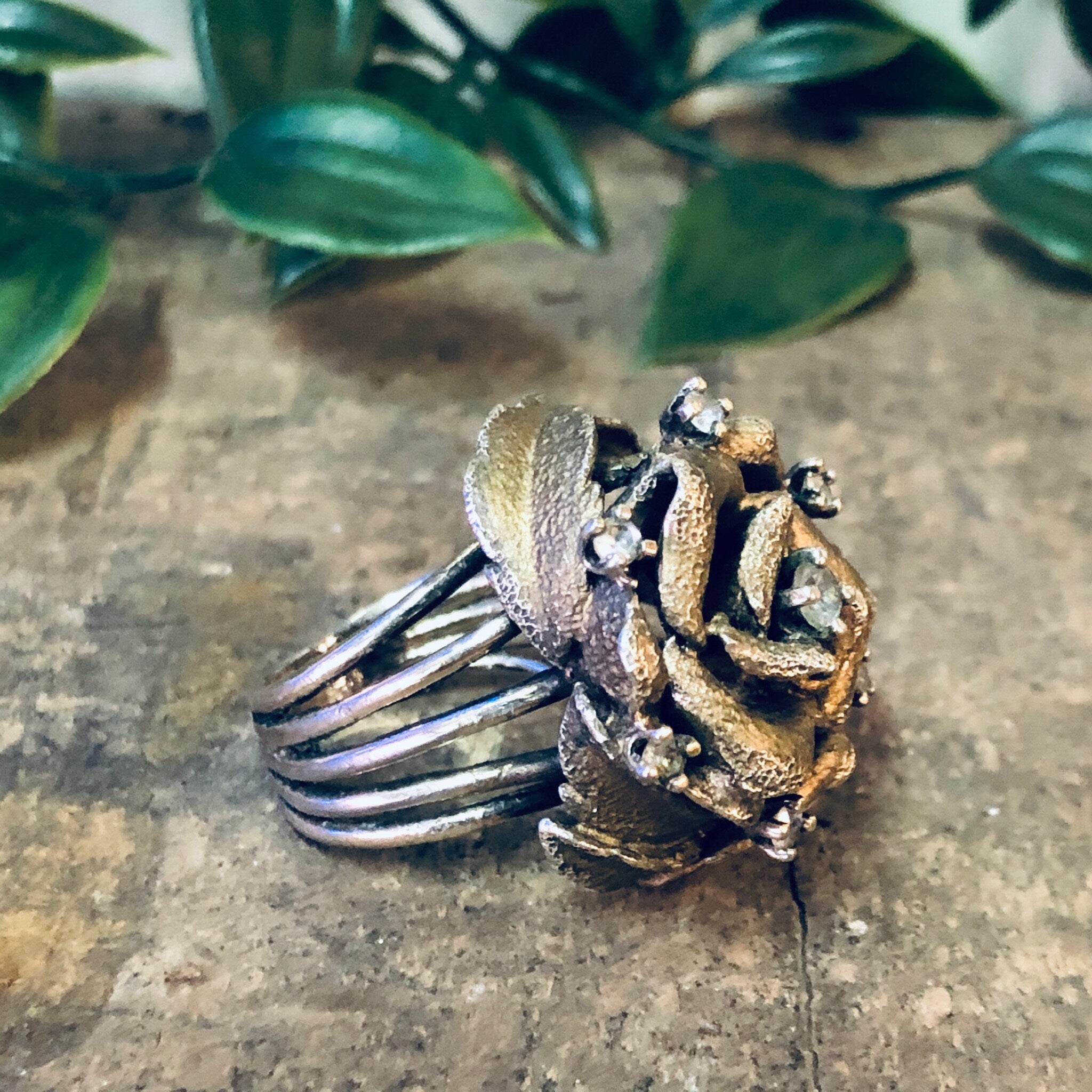 Vintage Ring, Silver Vermeil Ring, Les Bernard Ring, Rhinestone Ring, Flower Ring, Large Cocktail Ring, Silver Ring, Vermeil Ring, Floral