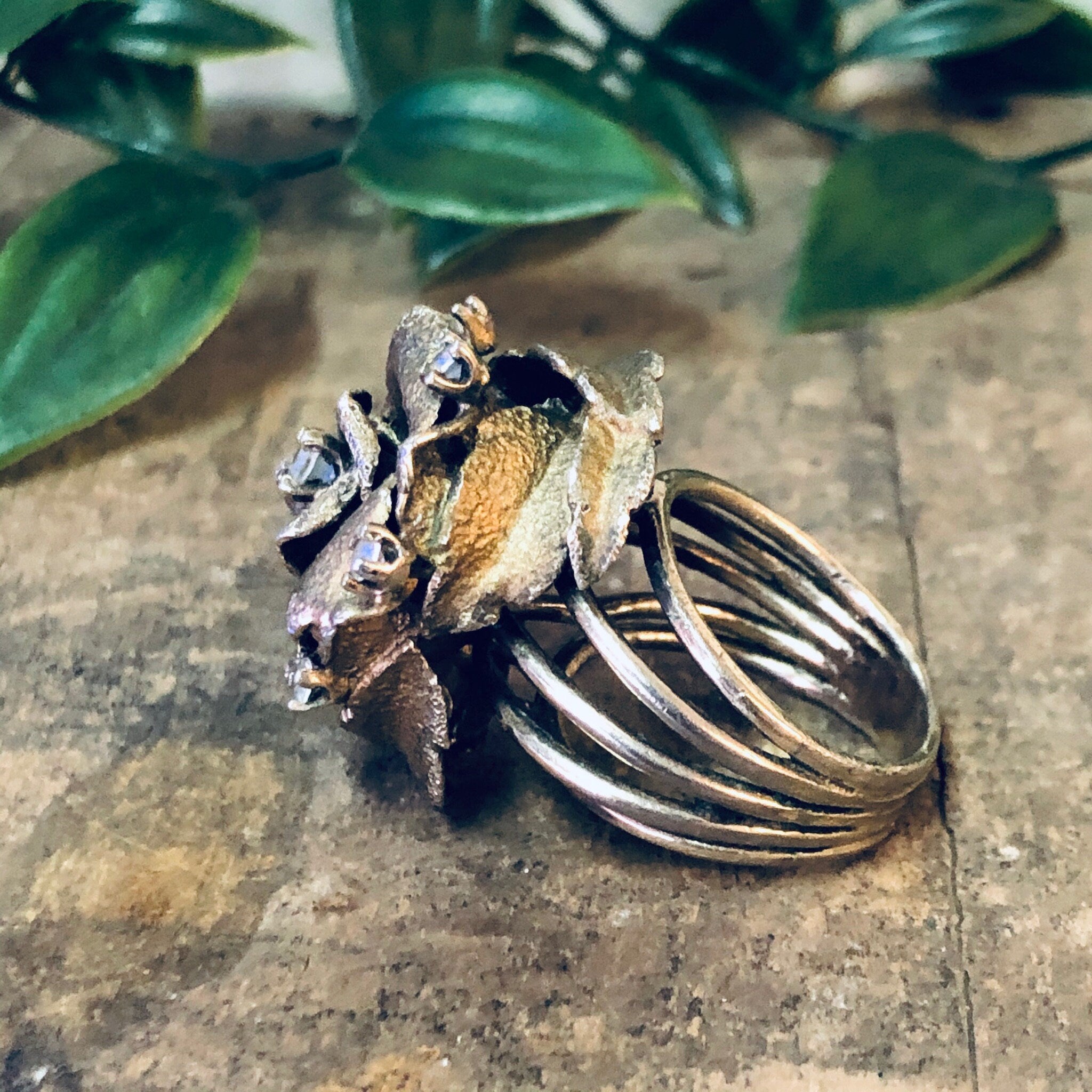 Vintage Ring, Silver Vermeil Ring, Les Bernard Ring, Rhinestone Ring, Flower Ring, Large Cocktail Ring, Silver Ring, Vermeil Ring, Floral