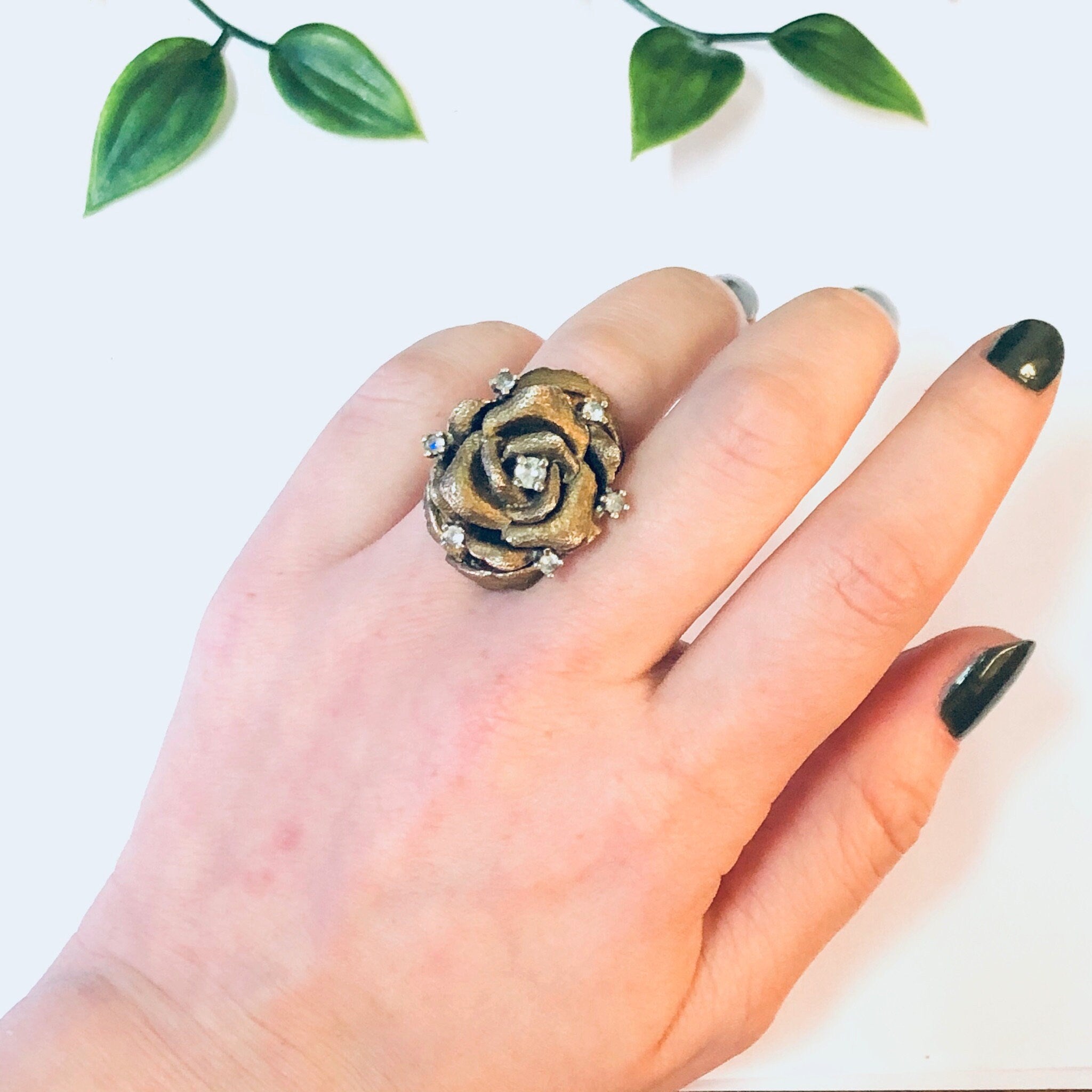Vintage Ring, Silver Vermeil Ring, Les Bernard Ring, Rhinestone Ring, Flower Ring, Large Cocktail Ring, Silver Ring, Vermeil Ring, Floral