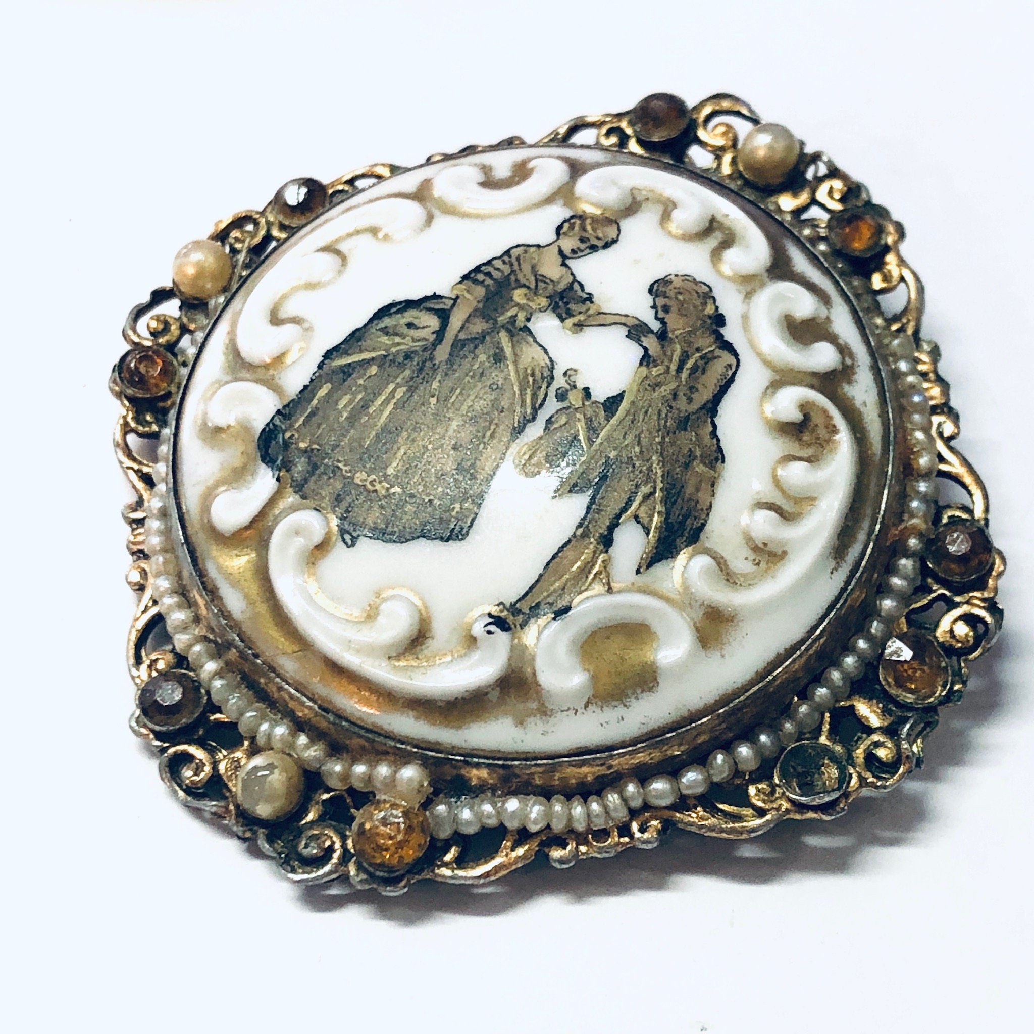 Vintage Brooch, Gold Toned Brooch, Beaded Brooch, Large Brooch, Vintage Pin, Large Pin, Vintage Jewelry, Victorian Jewelry, Unique Brooch