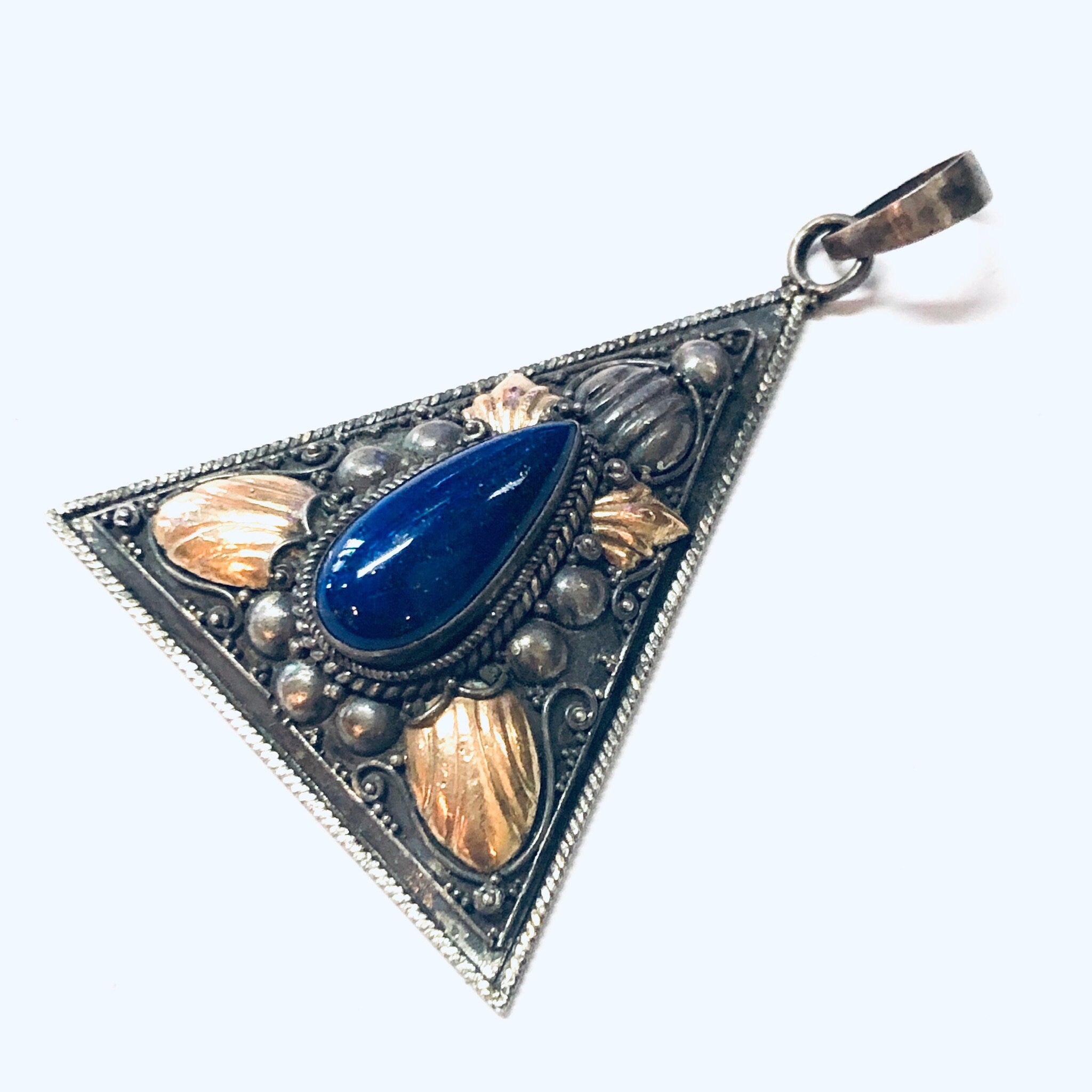 Vintage Pendant, Silver Pendant, Lapis Pendant, Blue Lapis Jewelry, Gold Accents, Triangle Pendant, Silver and Blue, Blue and Gold, Unique