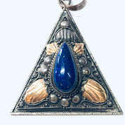 Vintage Pendant, Silver Pendant, Lapis Pendant, Blue Lapis Jewelry, Gold Accents, Triangle Pendant, Silver and Blue, Blue and Gold, Unique