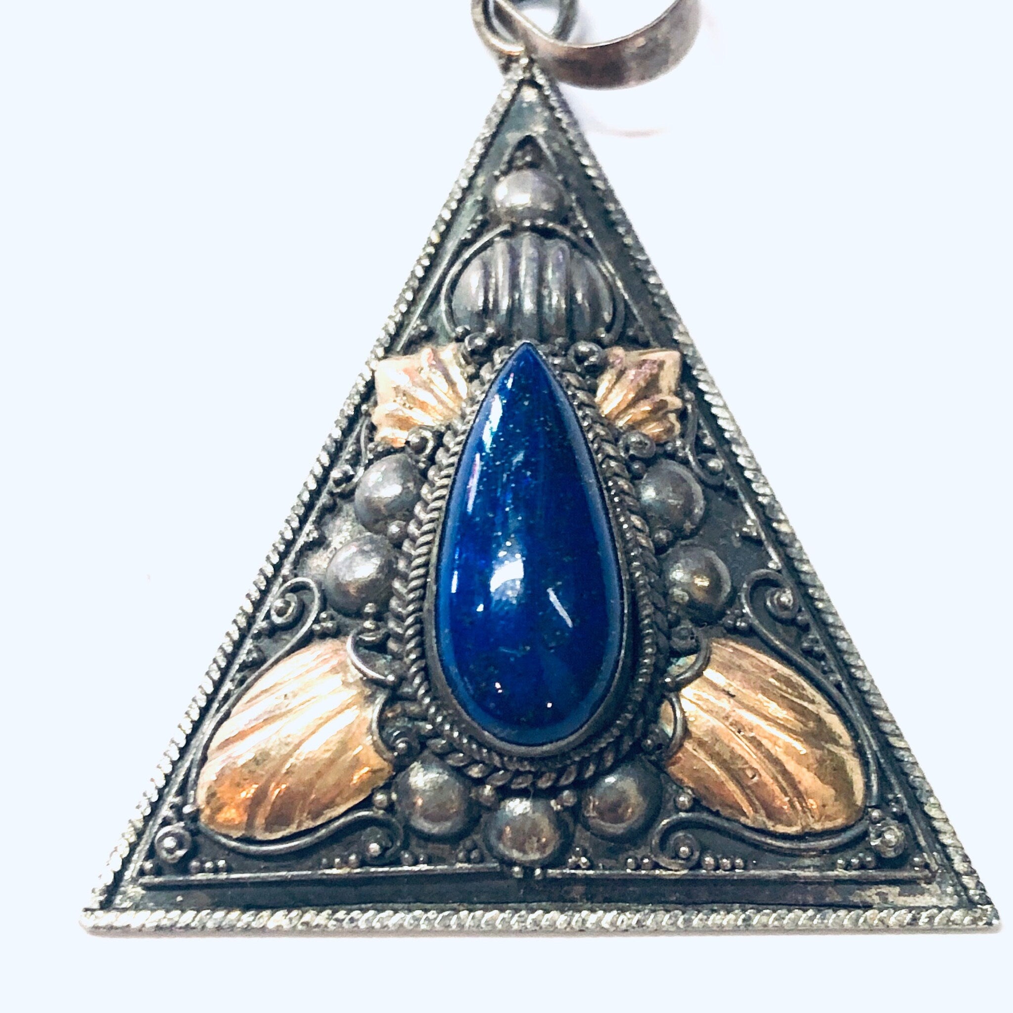 Vintage Pendant, Silver Pendant, Lapis Pendant, Blue Lapis Jewelry, Gold Accents, Triangle Pendant, Silver and Blue, Blue and Gold, Unique
