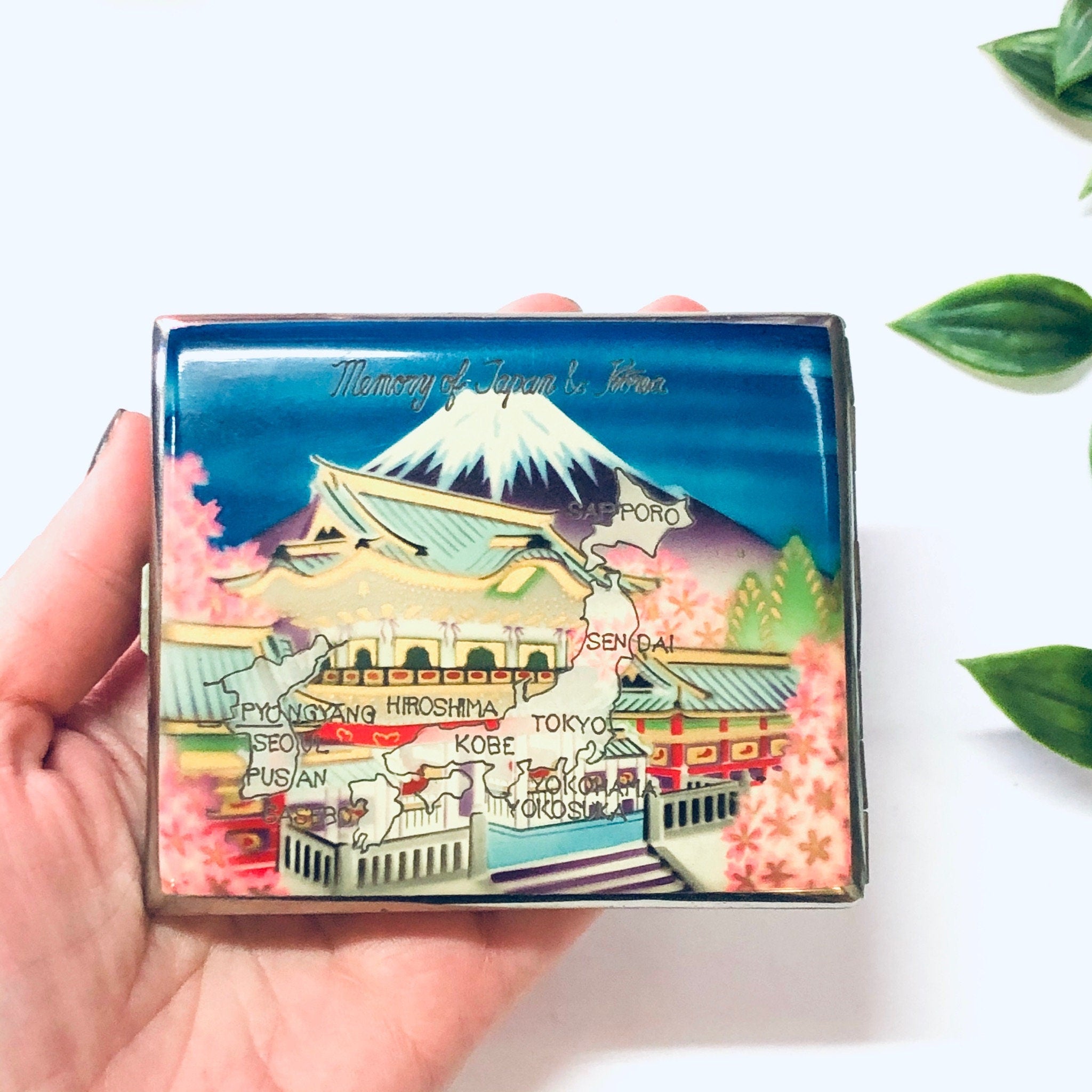 Vintage Case, Cigarette Case, Business Card Case, Souvenir From Japan, Souvenir From Korea, Map Souvenir, Map Case, Mountain Case, Blue Case
