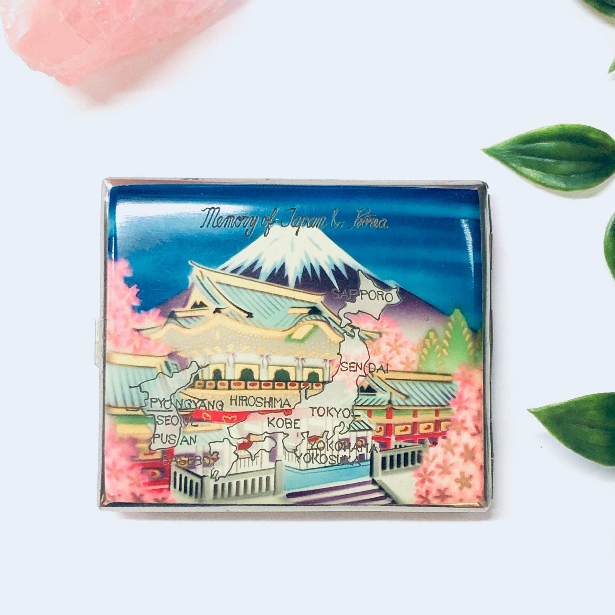 Vintage Case, Cigarette Case, Business Card Case, Souvenir From Japan, Souvenir From Korea, Map Souvenir, Map Case, Mountain Case, Blue Case