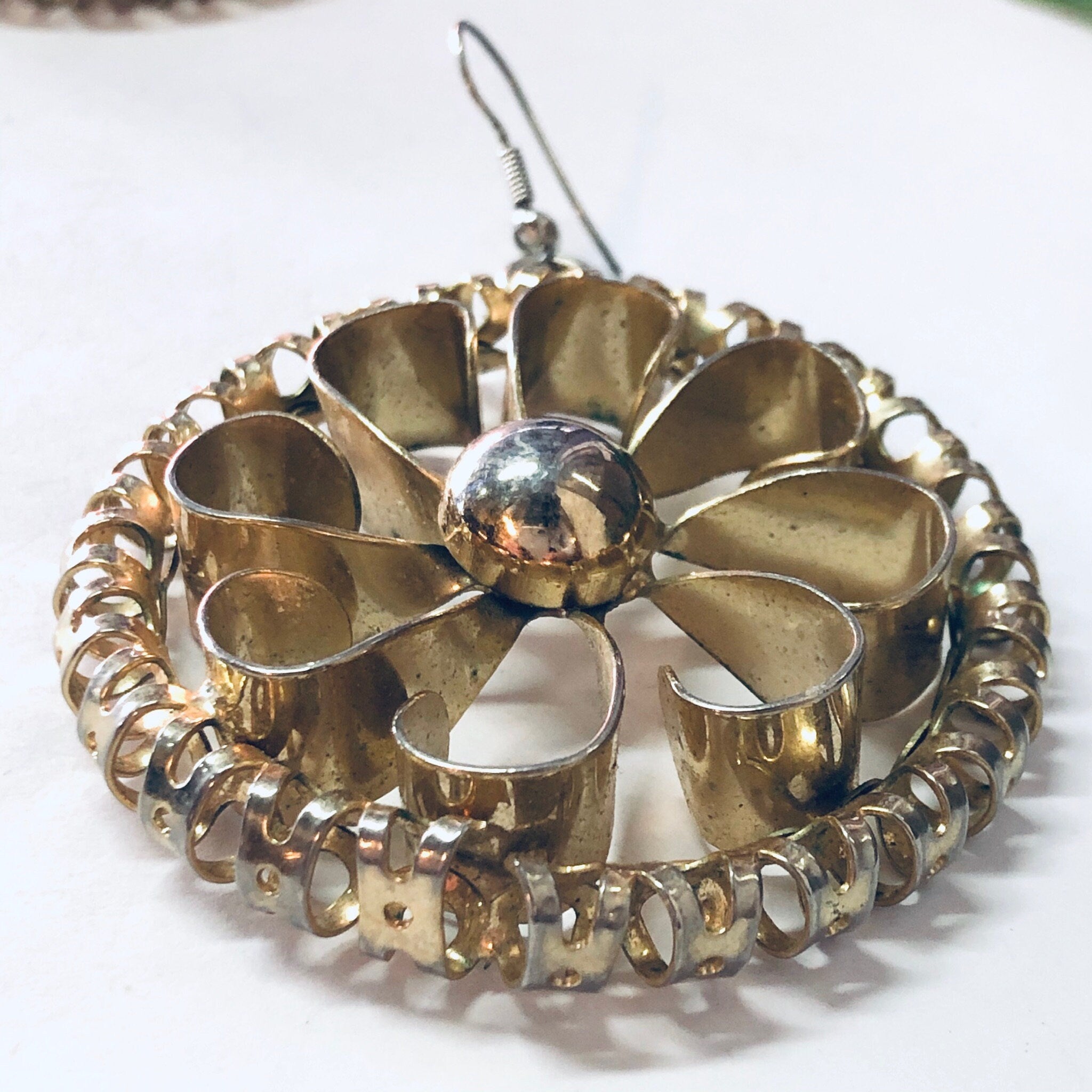 Vintage Earrings, Gold Toned Earrings, Flower Earrings, Large Earrings, Flower Power, Retro Jewelry, Pierced Ears, Hippie Earrings, Unique