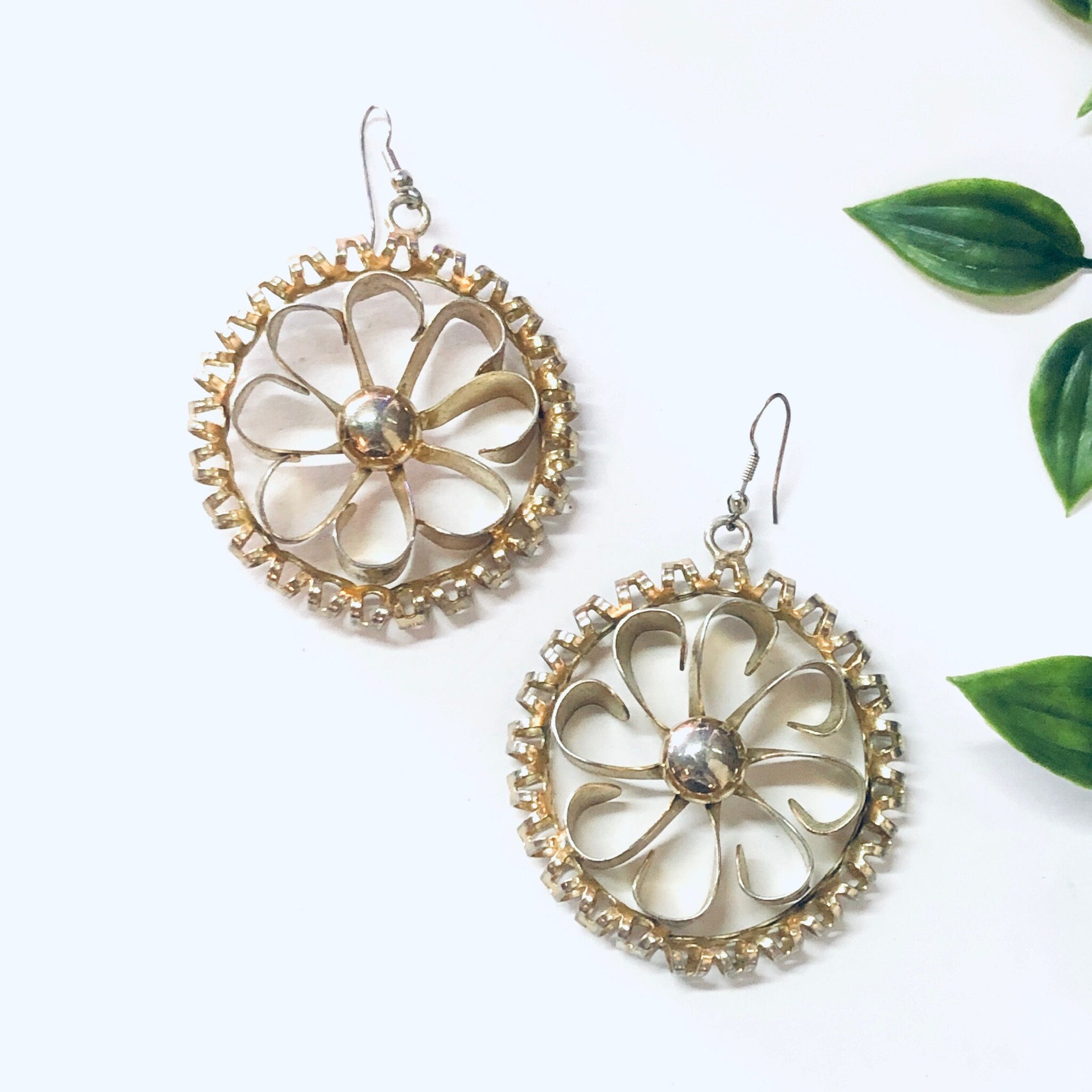 Vintage Earrings, Gold Toned Earrings, Flower Earrings, Large Earrings, Flower Power, Retro Jewelry, Pierced Ears, Hippie Earrings, Unique