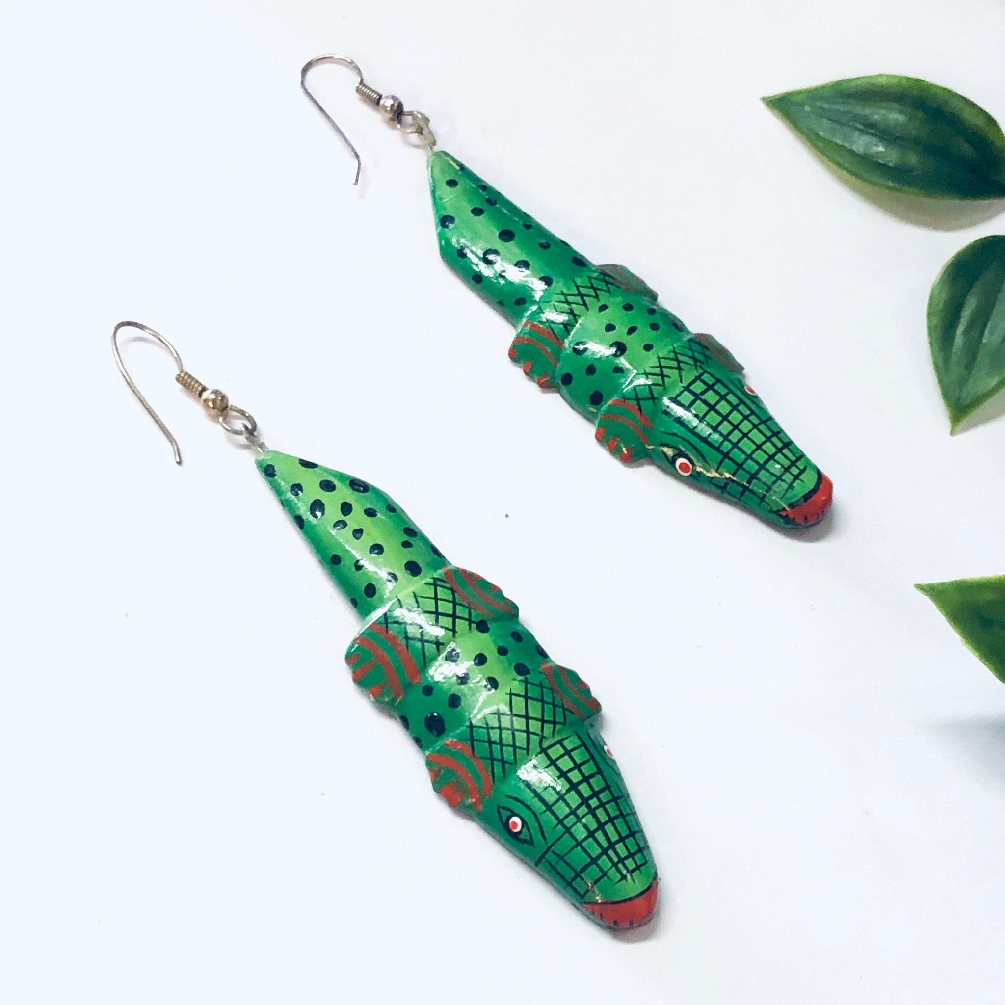 Vintage Earrings, Crocodile Earrings, Unique Jewelry, Animal Jewelry, Green Crocodile, Vintage Jewelry, Dangle Earrings, Pierced Ears, Green