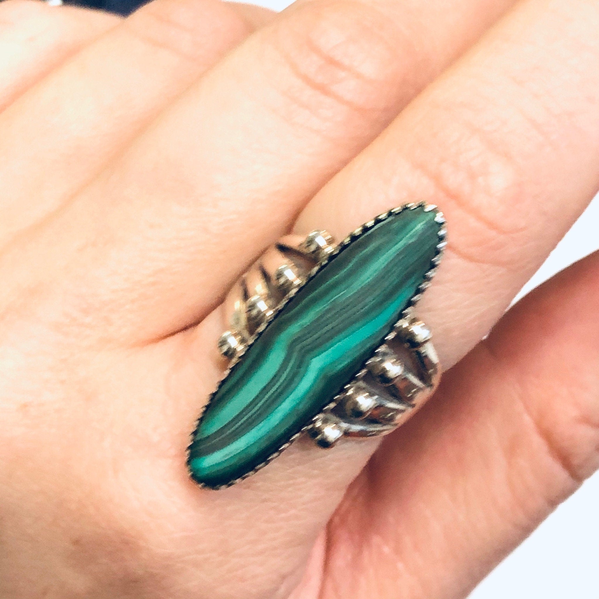 Unique Green Malachite Ring, Vintage Silver Ring, Malachite Jewelry, Green and Silver Ring, Minimalist Jewelry, Southwestern Style