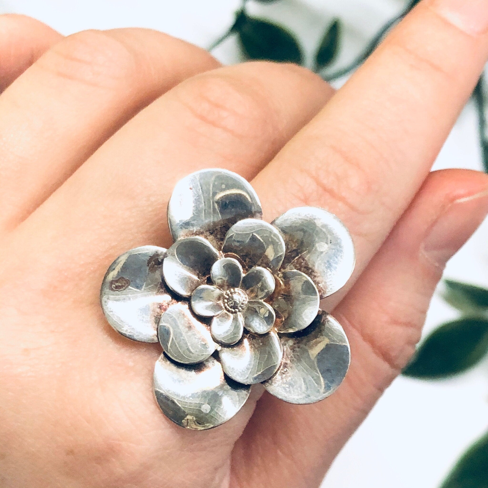 Vintage Paola Valentino Ring, Large Flower Ring, Silver Flower Jewelry, Vintage Silver Ring, Floral Jewelry