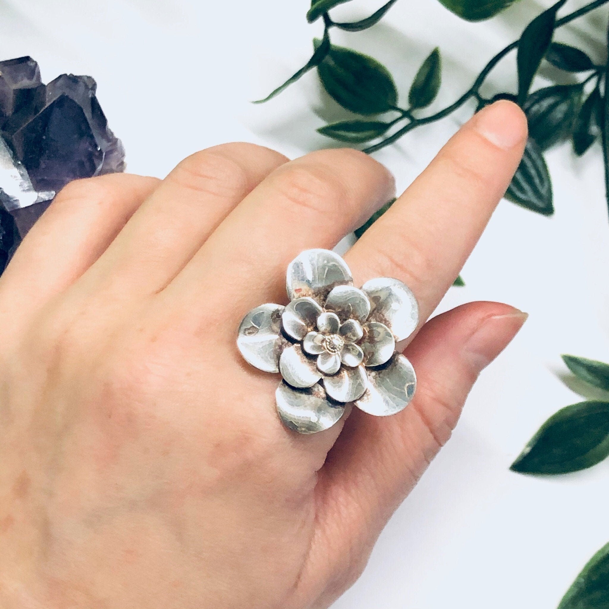 Vintage Paola Valentino Ring, Large Flower Ring, Silver Flower Jewelry, Vintage Silver Ring, Floral Jewelry