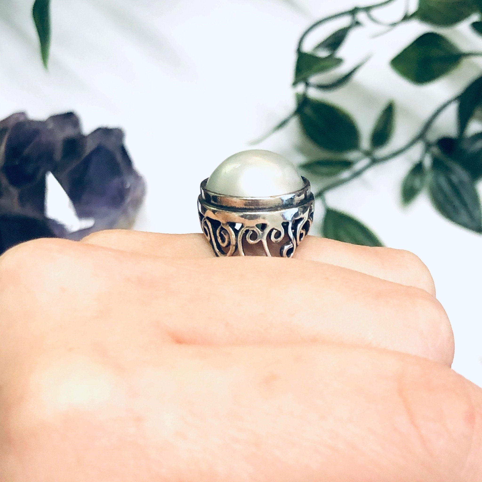 Silver Pearl Ring, Large Pearl Jewelry, Thailand Ring, Vintage Silver Ring, Swirl Design Jewelry, US Size 7 Ring