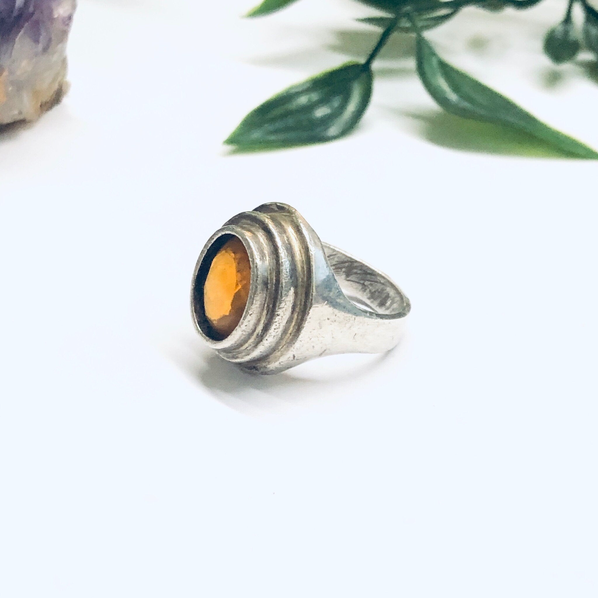 Silver Ring with Orange Gemstone, Vintage Topaz Ring, Citrine Jewelry, US Size 7.5 Ring, Anniversary Gift
