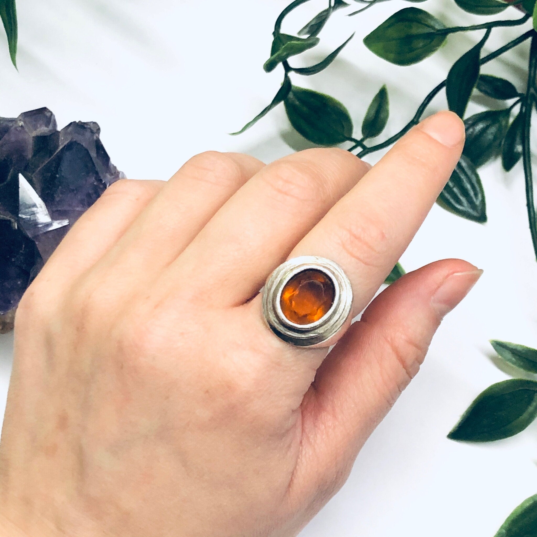 Silver Ring with Orange Gemstone, Vintage Topaz Ring, Citrine Jewelry, US Size 7.5 Ring, Anniversary Gift