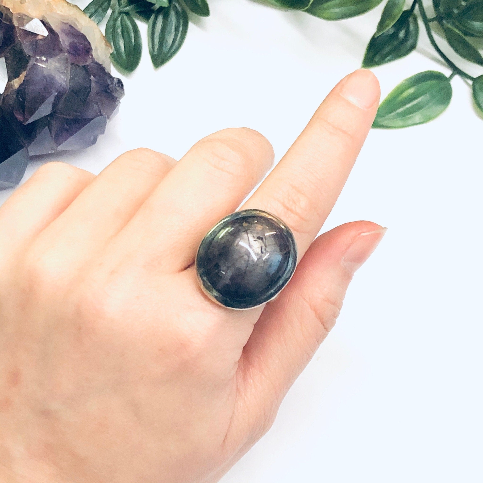 Vintage Silver Ring with Smokey Purple Gemstone, Large Statement Ring, Silver and Purple Ring, Unique Jewelry, Dark Purple Ring