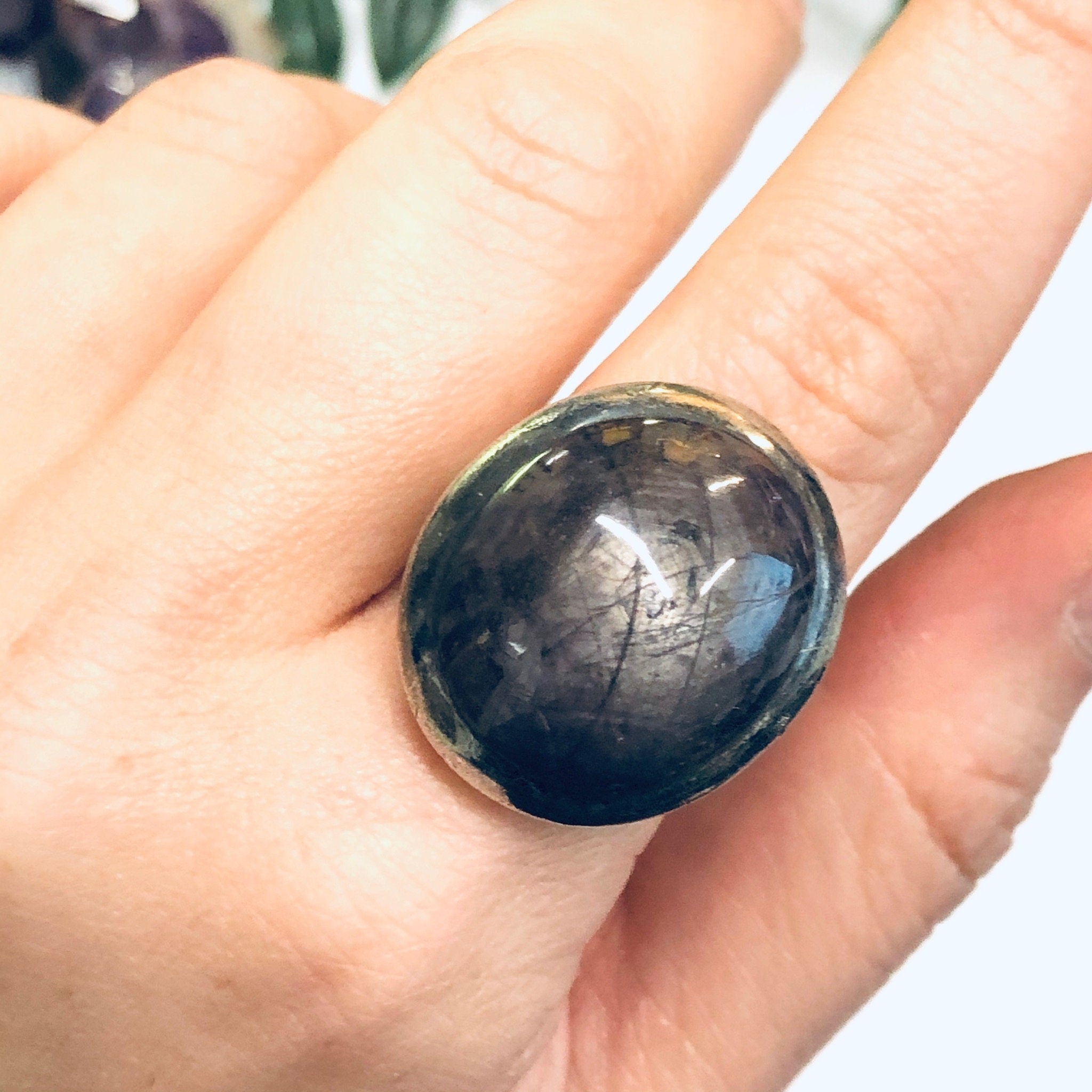 Vintage Silver Ring with Smokey Purple Gemstone, Large Statement Ring, Silver and Purple Ring, Unique Jewelry, Dark Purple Ring