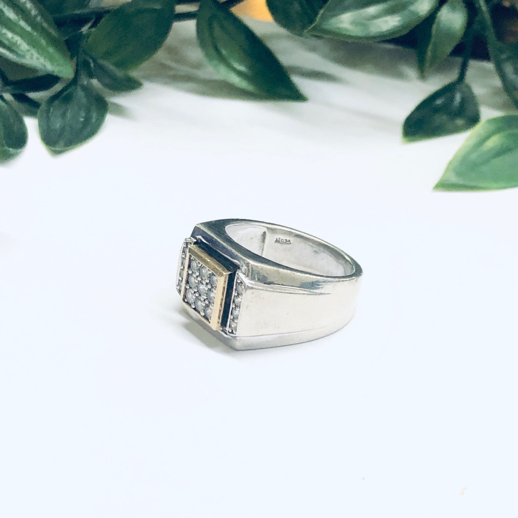 Vintage Silver and 10K Gold Ring, Cubic Zirconia Ring, Mens Ring, Large CZ Ring, 10K Gold Accent