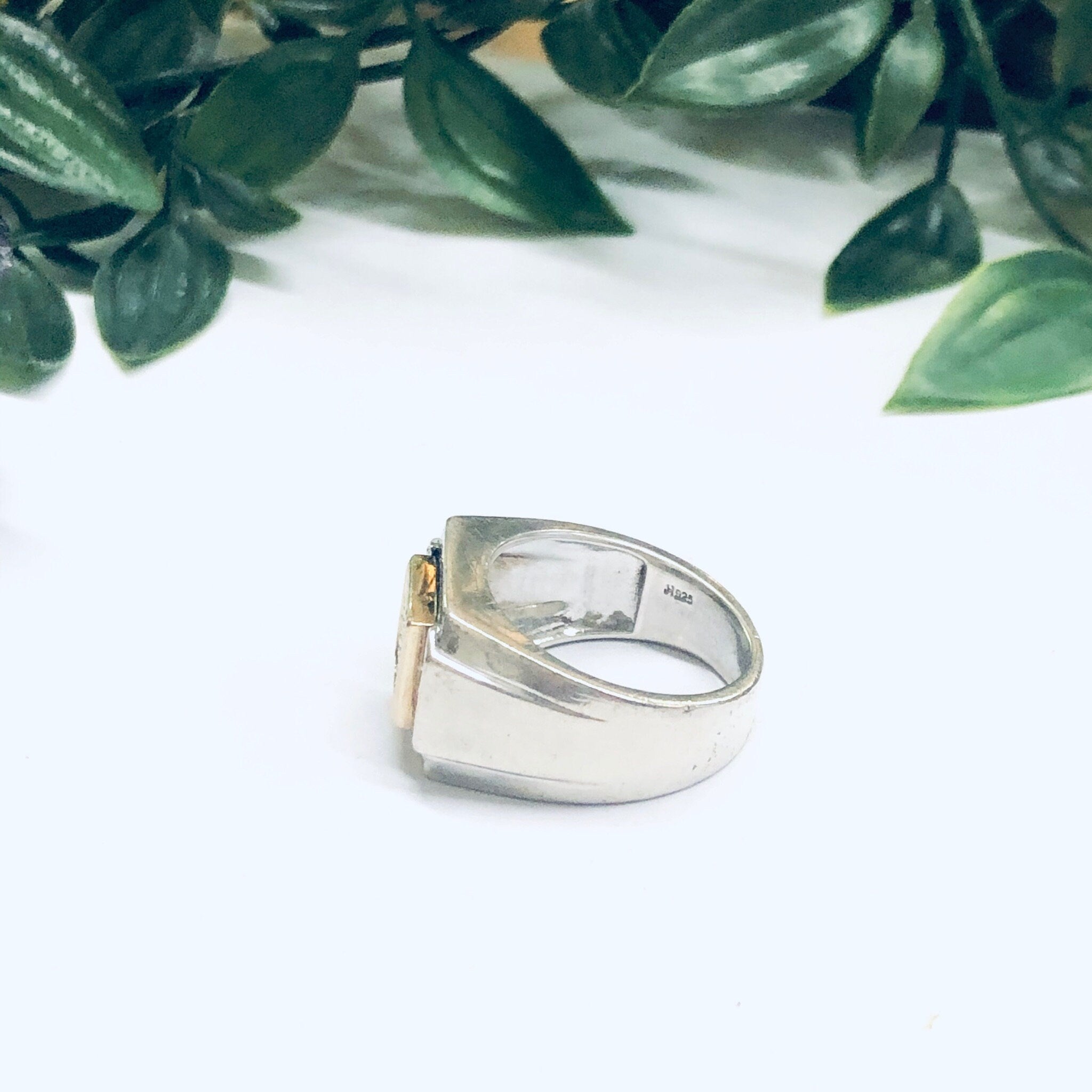 Vintage Silver and 10K Gold Ring, Cubic Zirconia Ring, Mens Ring, Large CZ Ring, 10K Gold Accent