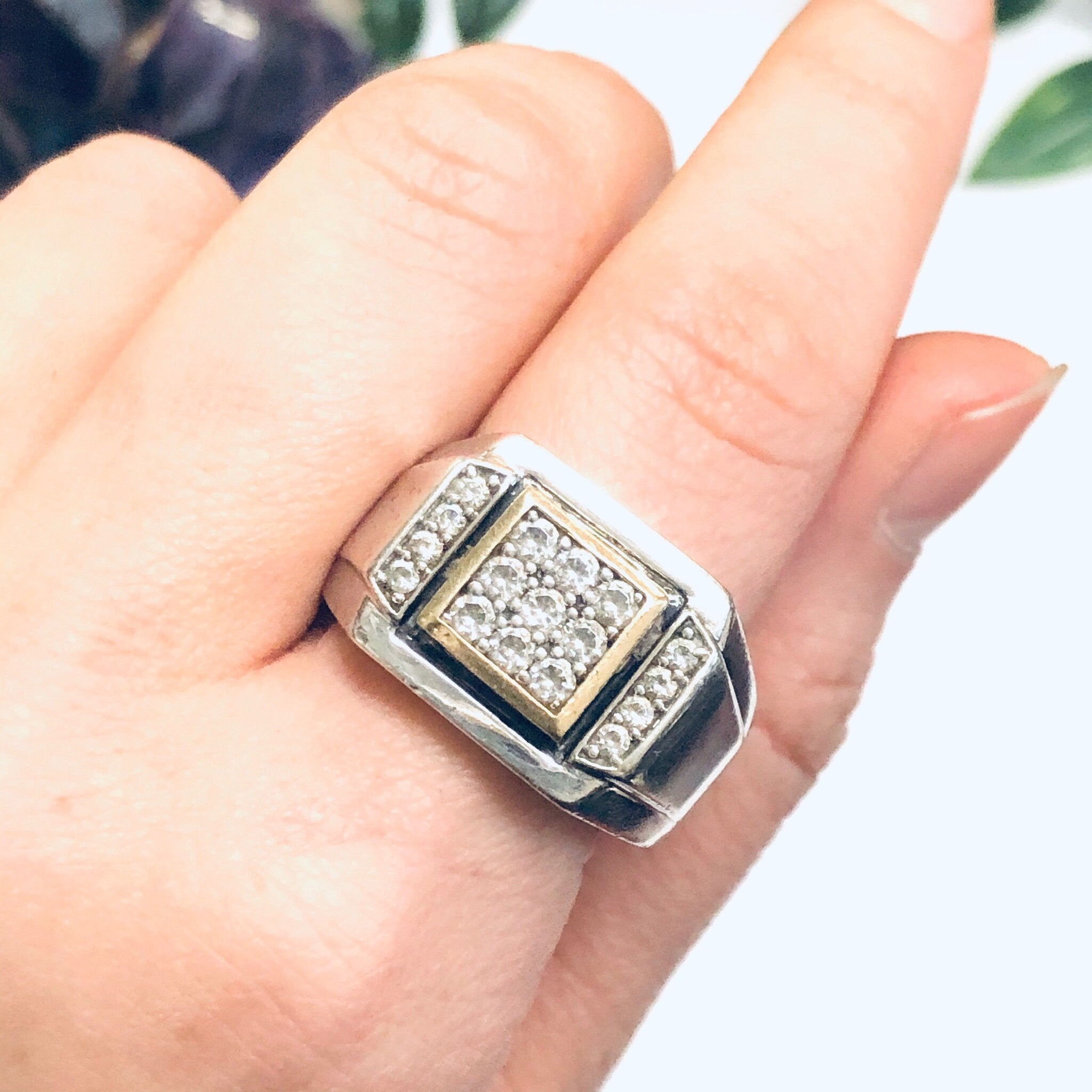 Vintage Silver and 10K Gold Ring, Cubic Zirconia Ring, Mens Ring, Large CZ Ring, 10K Gold Accent