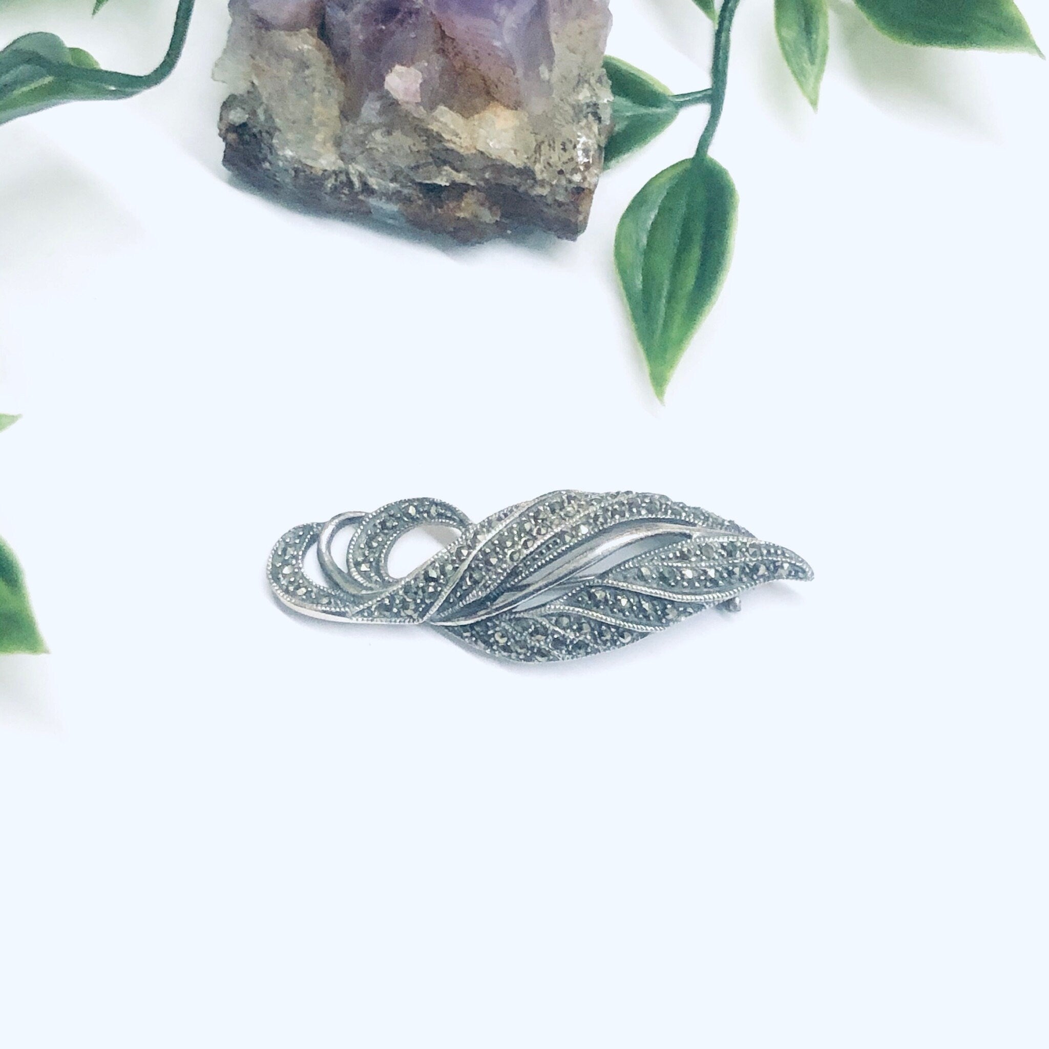 Vintage Silver and Marcasite Brooch, Vintage Silver Pin, Marcasite Jewelry, Swirl Design Brooch