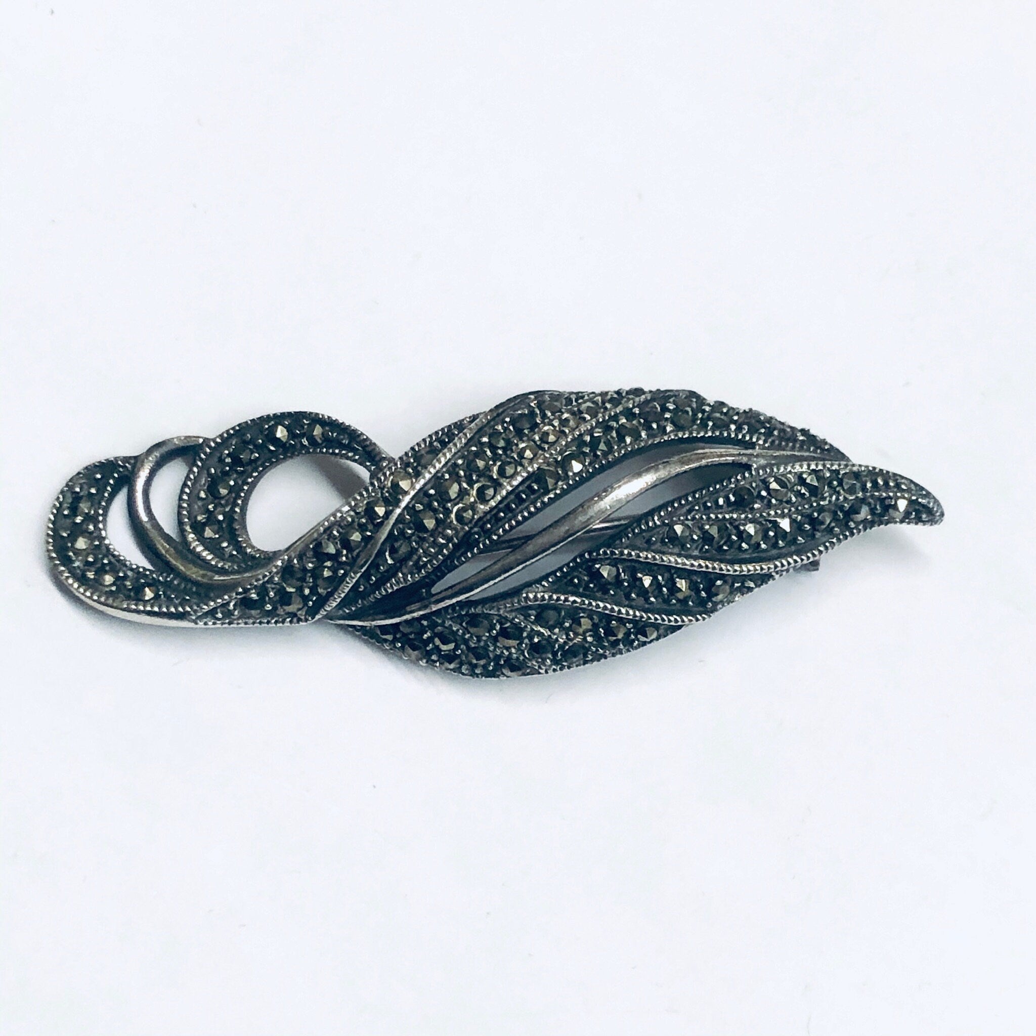 Vintage Silver and Marcasite Brooch, Vintage Silver Pin, Marcasite Jewelry, Swirl Design Brooch