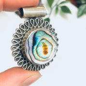 Silver and Abalone Pendant, Abalone Shell Jewelry, Round Pendant, Vintage Silver Pendant, Purple and Green Pendant