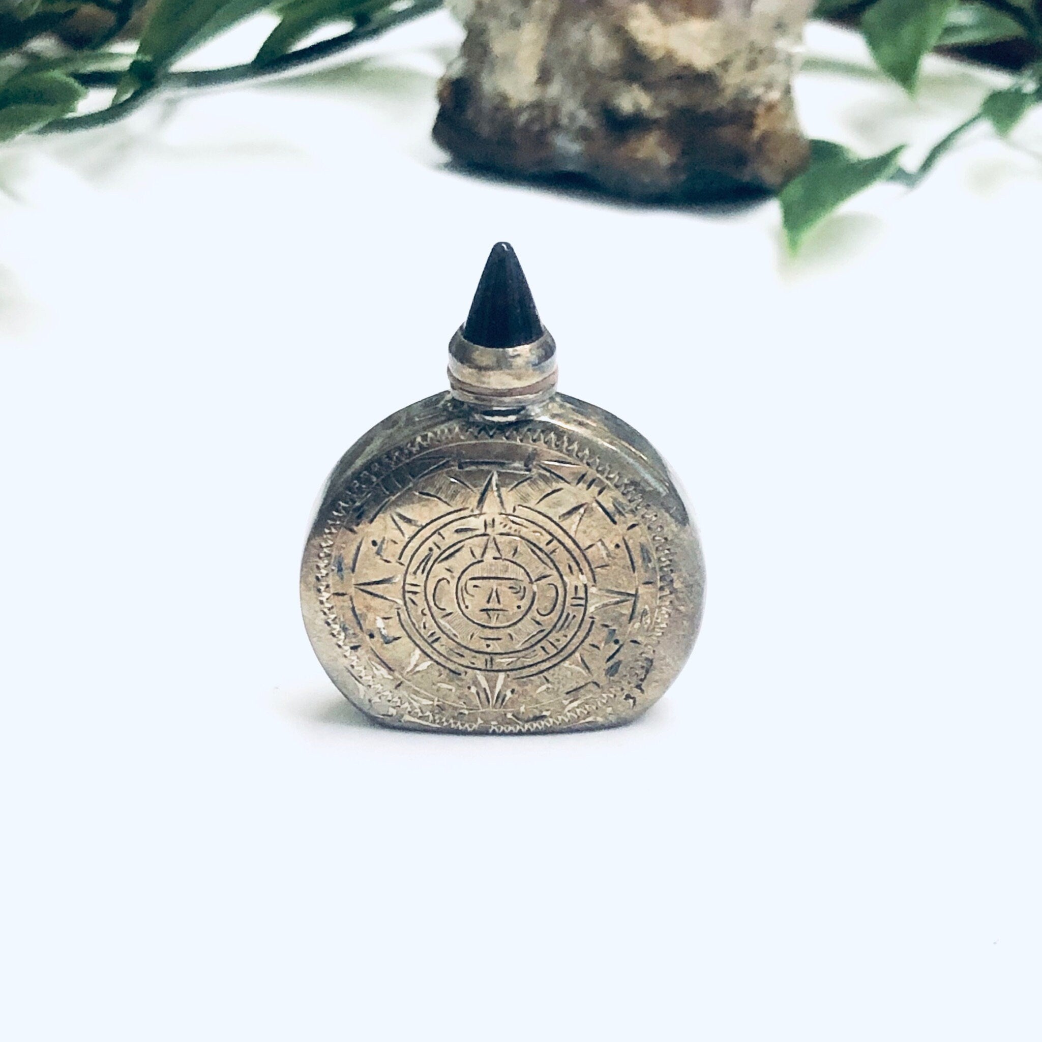Small Vintage Silver Perfume Bottle, Perfume Bottle with Screw Top and Spoon, Etched Silver Sun Bottle, Essential Oil Bottle
