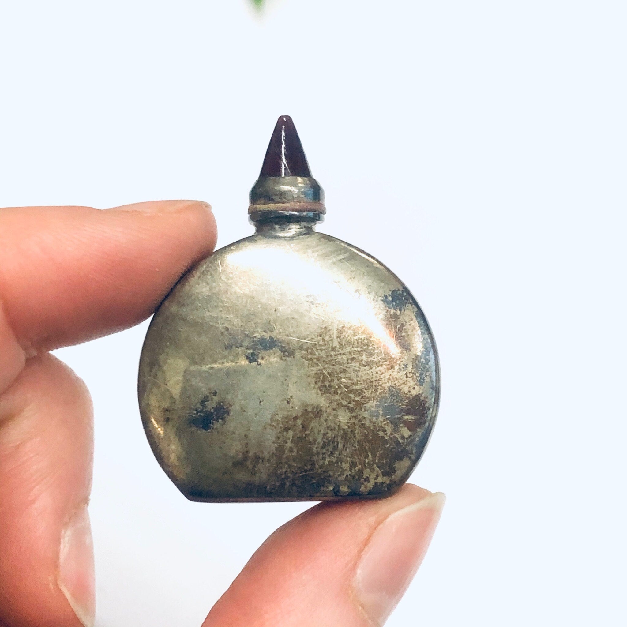 Small Vintage Silver Perfume Bottle, Perfume Bottle with Screw Top and Spoon, Etched Silver Sun Bottle, Essential Oil Bottle