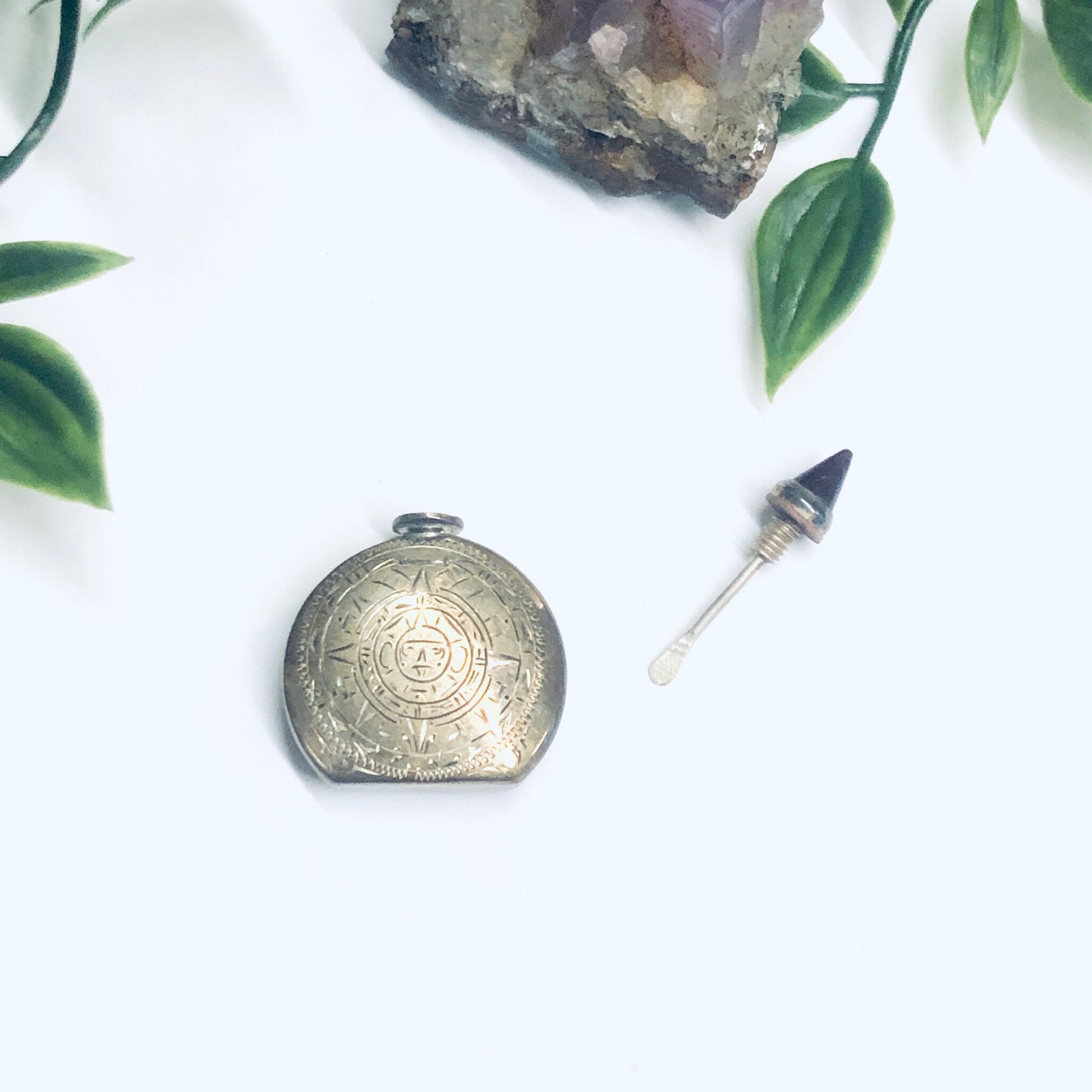 Small Vintage Silver Perfume Bottle, Perfume Bottle with Screw Top and Spoon, Etched Silver Sun Bottle, Essential Oil Bottle