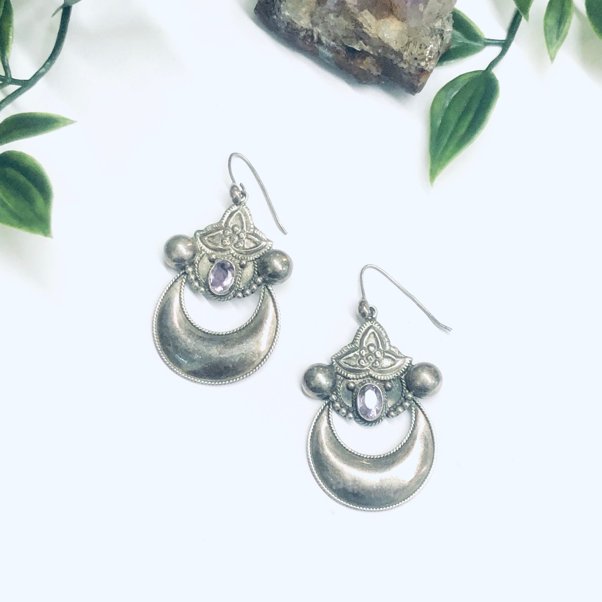 Vintage Silver Dangle Earrings with Amethyst Stones, Statement Earrings, Long Earrings, Light Purple Gemstone