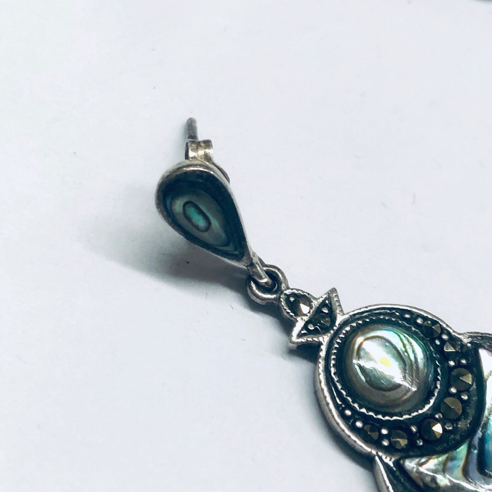 Vintage Abalone and Silver Earrings, Silver Dangle Earrings, Abalone Shell Earrings, Earrings for Pierced Ears, Marcasite Earrings