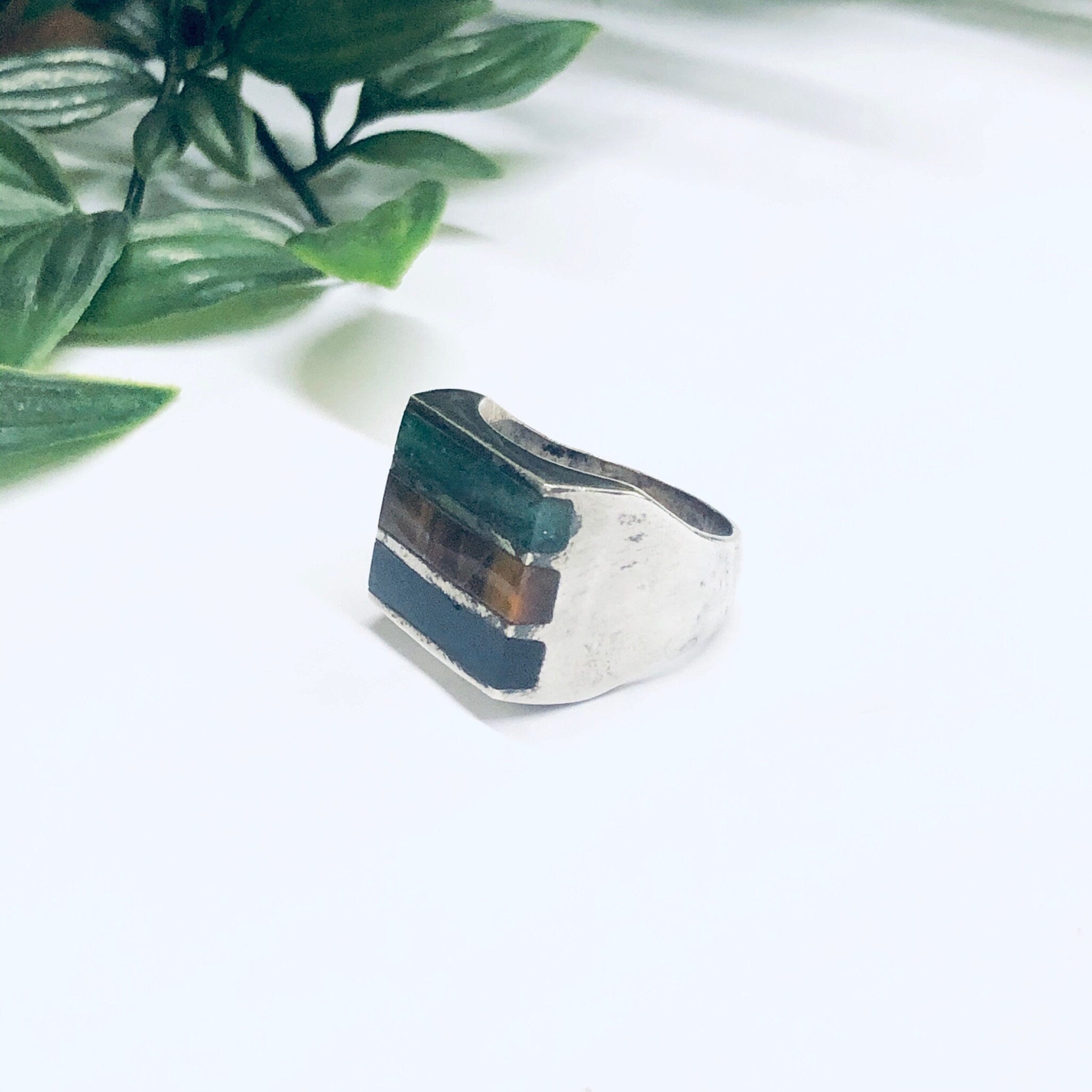 Silver Ring with Natural Inlaid Stones, Black Onyx Ring, Tigers Eye Jewelry, Mens Ring, Vintage Silver Ring