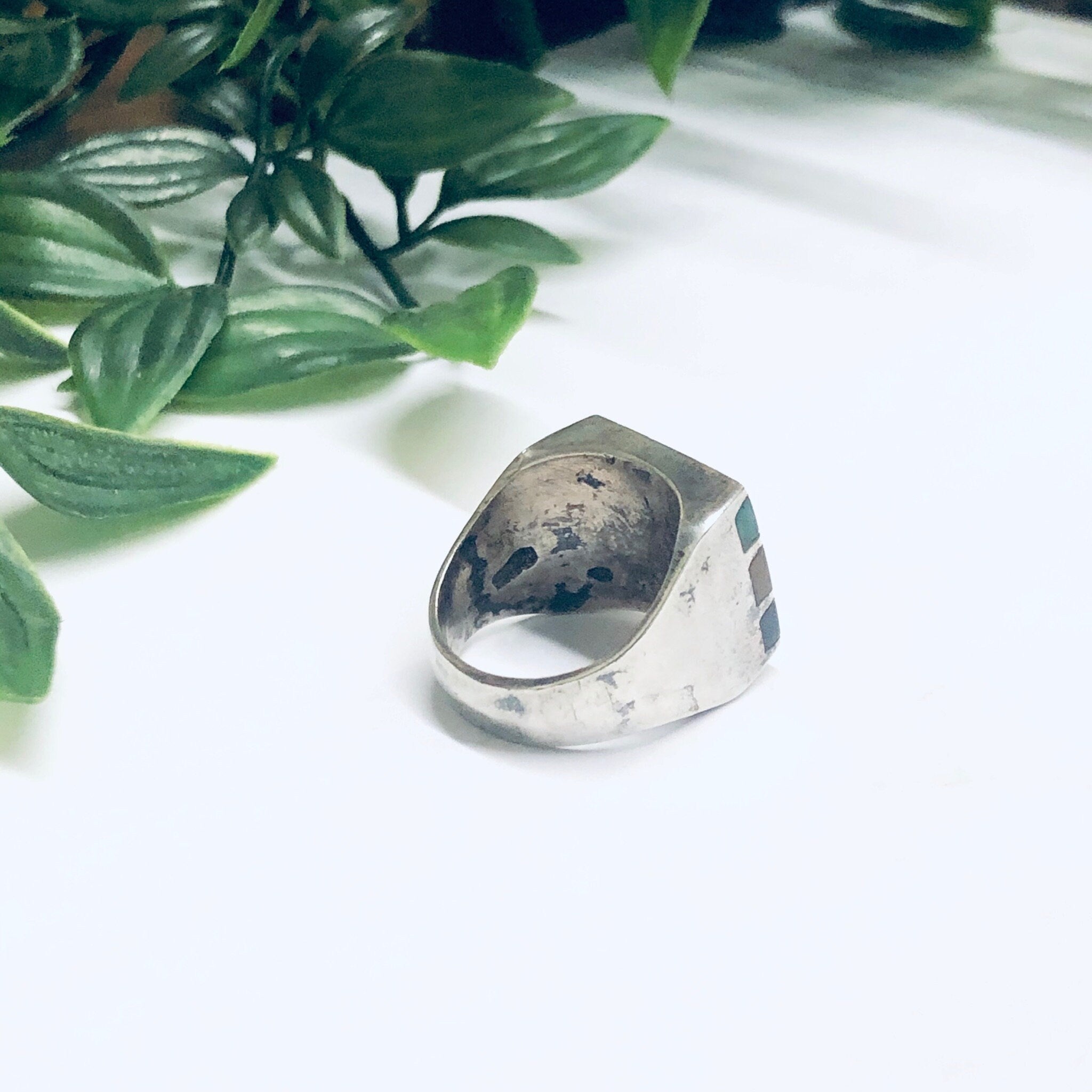 Silver Ring with Natural Inlaid Stones, Black Onyx Ring, Tigers Eye Jewelry, Mens Ring, Vintage Silver Ring