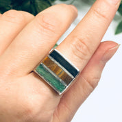 Silver Ring with Natural Inlaid Stones, Black Onyx Ring, Tigers Eye Jewelry, Mens Ring, Vintage Silver Ring