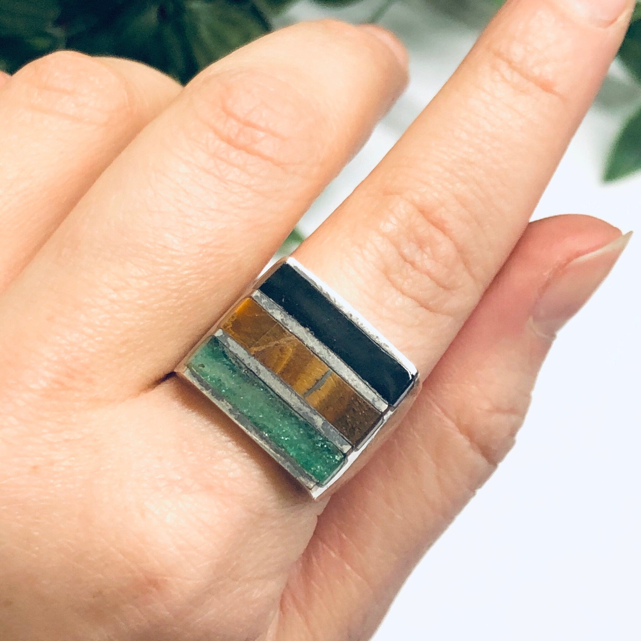 Silver Ring with Natural Inlaid Stones, Black Onyx Ring, Tigers Eye Jewelry, Mens Ring, Vintage Silver Ring