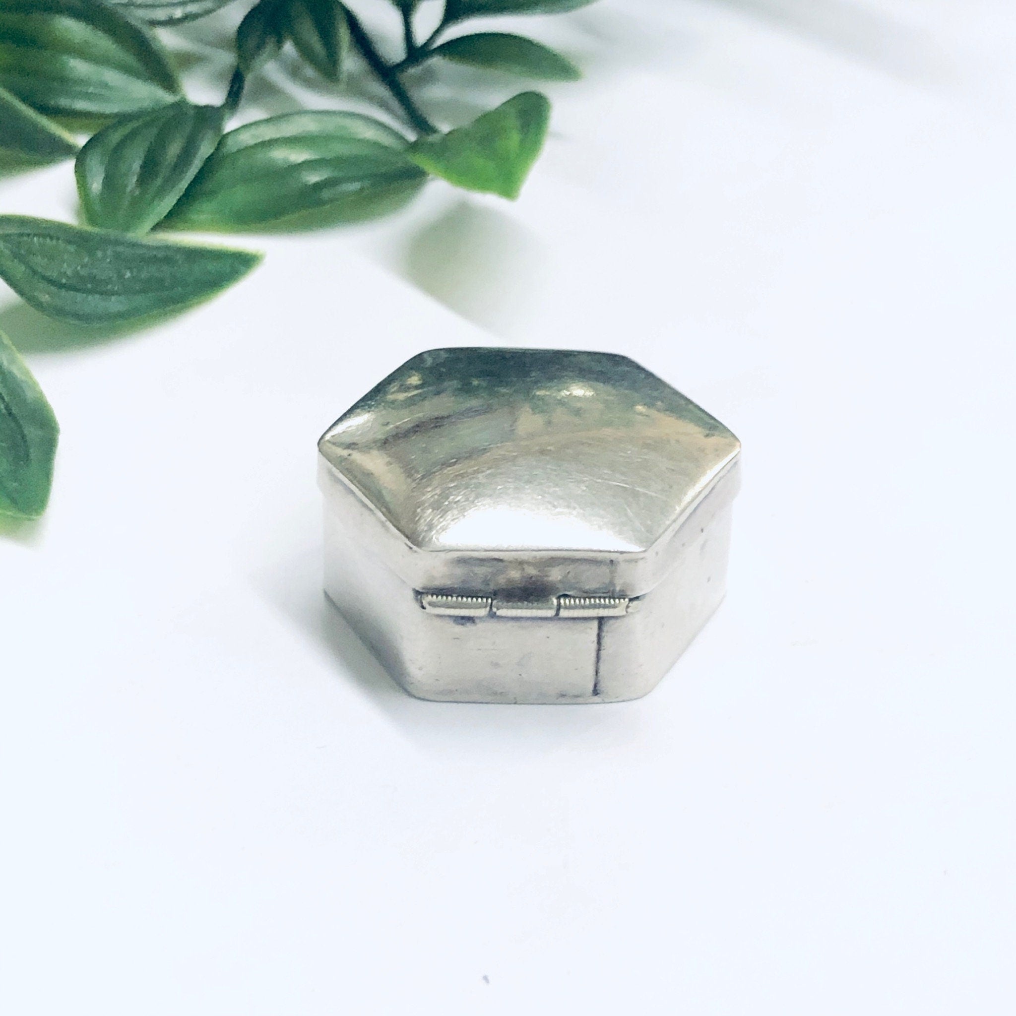 Silver Pill Box, Vintage Pill Box, Pill Container, Hexagon Box, Small Container, Travel Pill Case