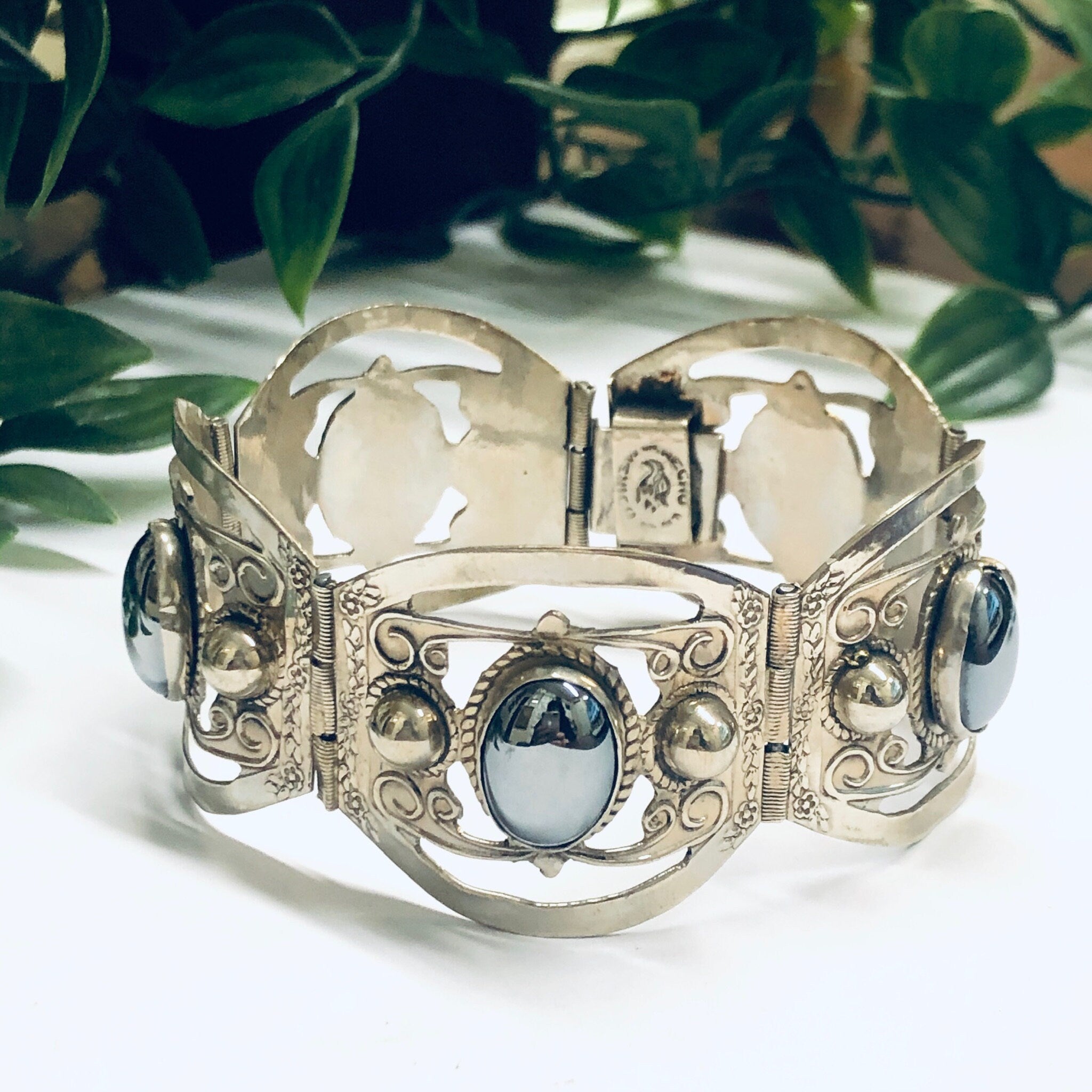 Vintage Hematite Bracelet, Vintage Silver Bracelet, Ornate Bracelet, Large Link Bracelet, Floral Design Jewelry